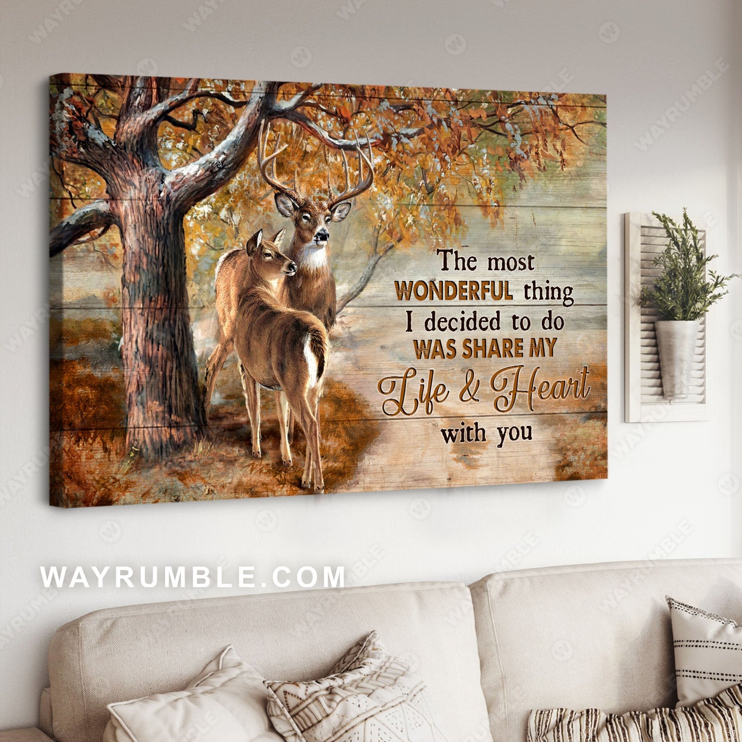 Deer painting, Autumn forest, Autumn leaves, Share my life and heart with you - Couple Landscape Canvas Prints, Wall Art