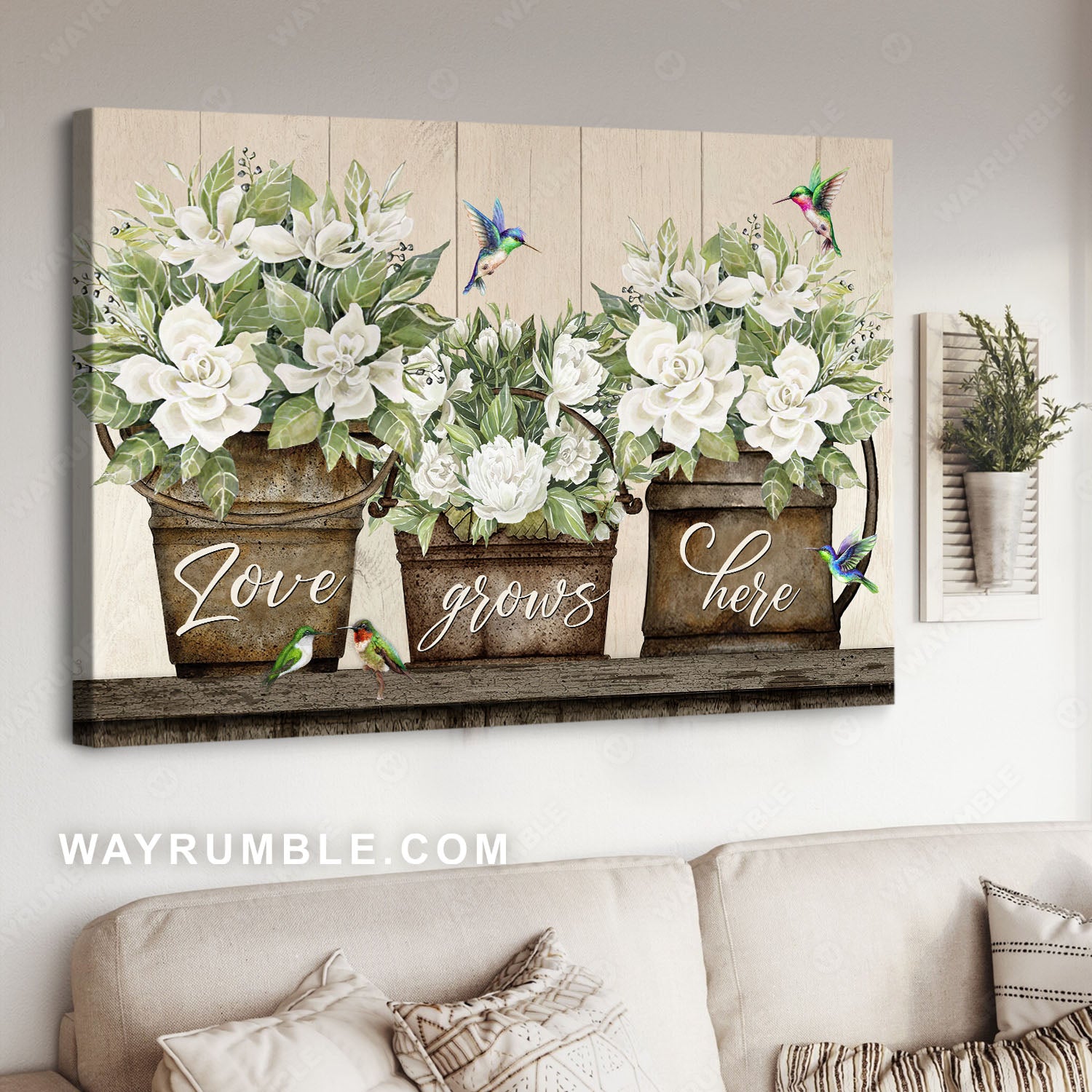 Vintage flower, Colorful hummingbird, Love grows here - Family Landscape Canvas Prints, Wall Art