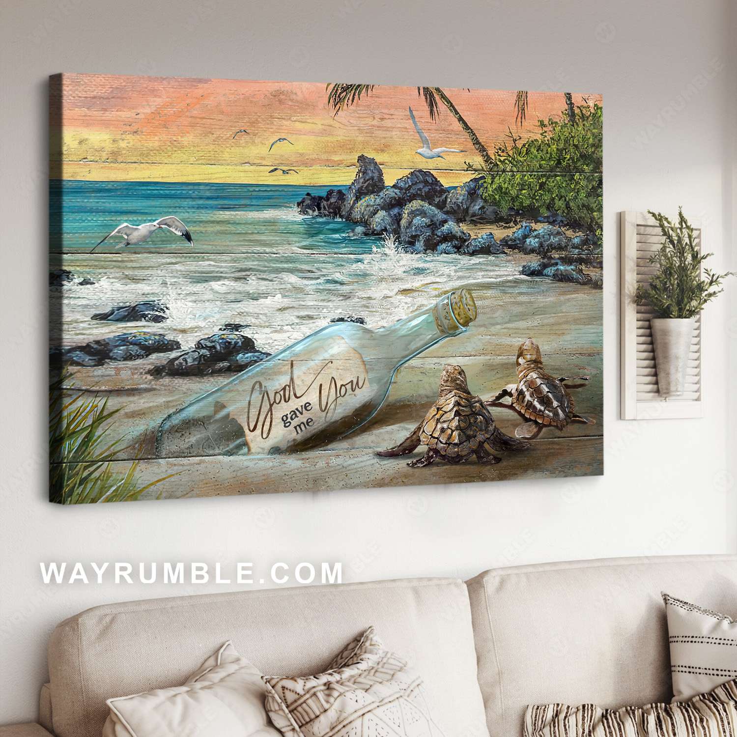 Sea turtle, Glass bottle, Sandy beach, God gave me you - Family Landscape Canvas Prints, Wall Art