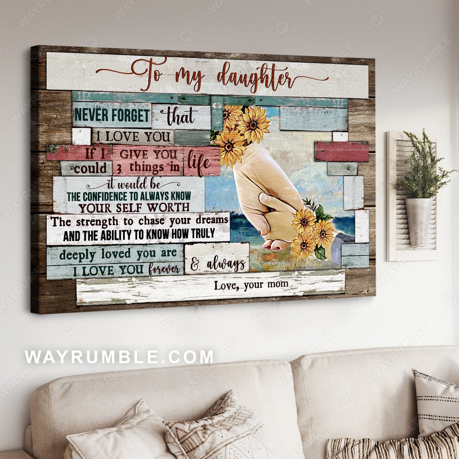 Mom to daughter, Holding hands, Sunflower Bracelet, I love you forever & always - Family Landscape Canvas Prints, Wall Art