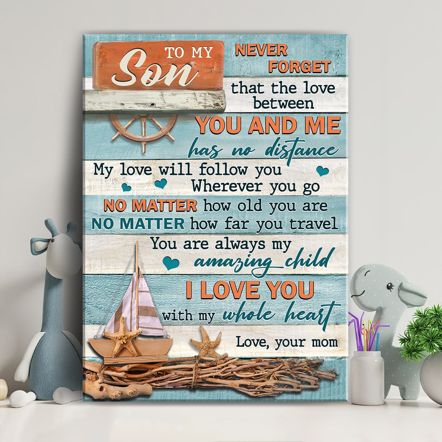 Mom to son, Wooden Boat, Helm, Never forget the love between you and me - Family Portrait Canvas Prints, Wall Art