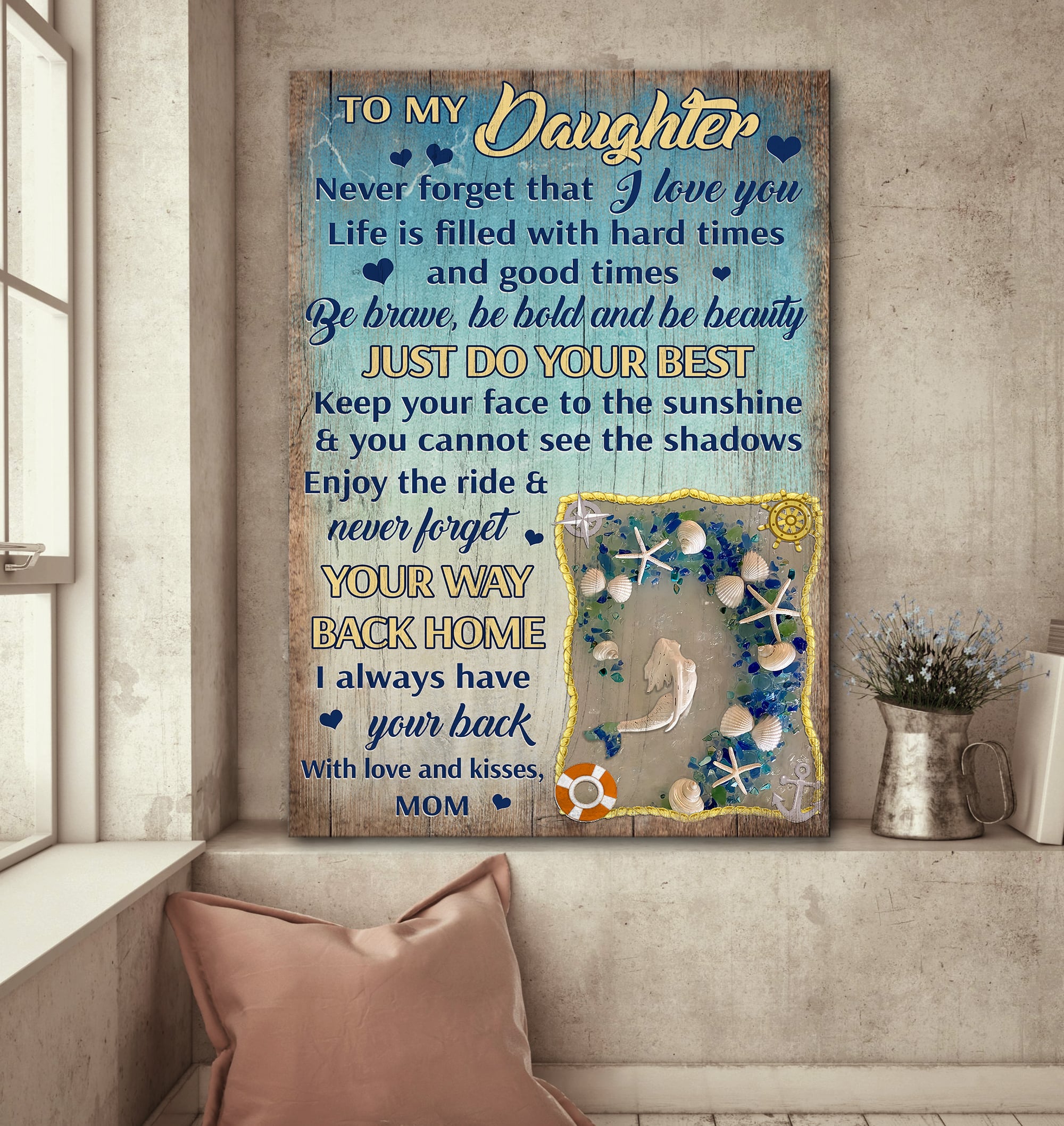 Mom to daughter, Mermaid, Seashell Wave, Enjoy your ride & Never forget your way back home - Family Portrait Canvas Prints, Wall Art