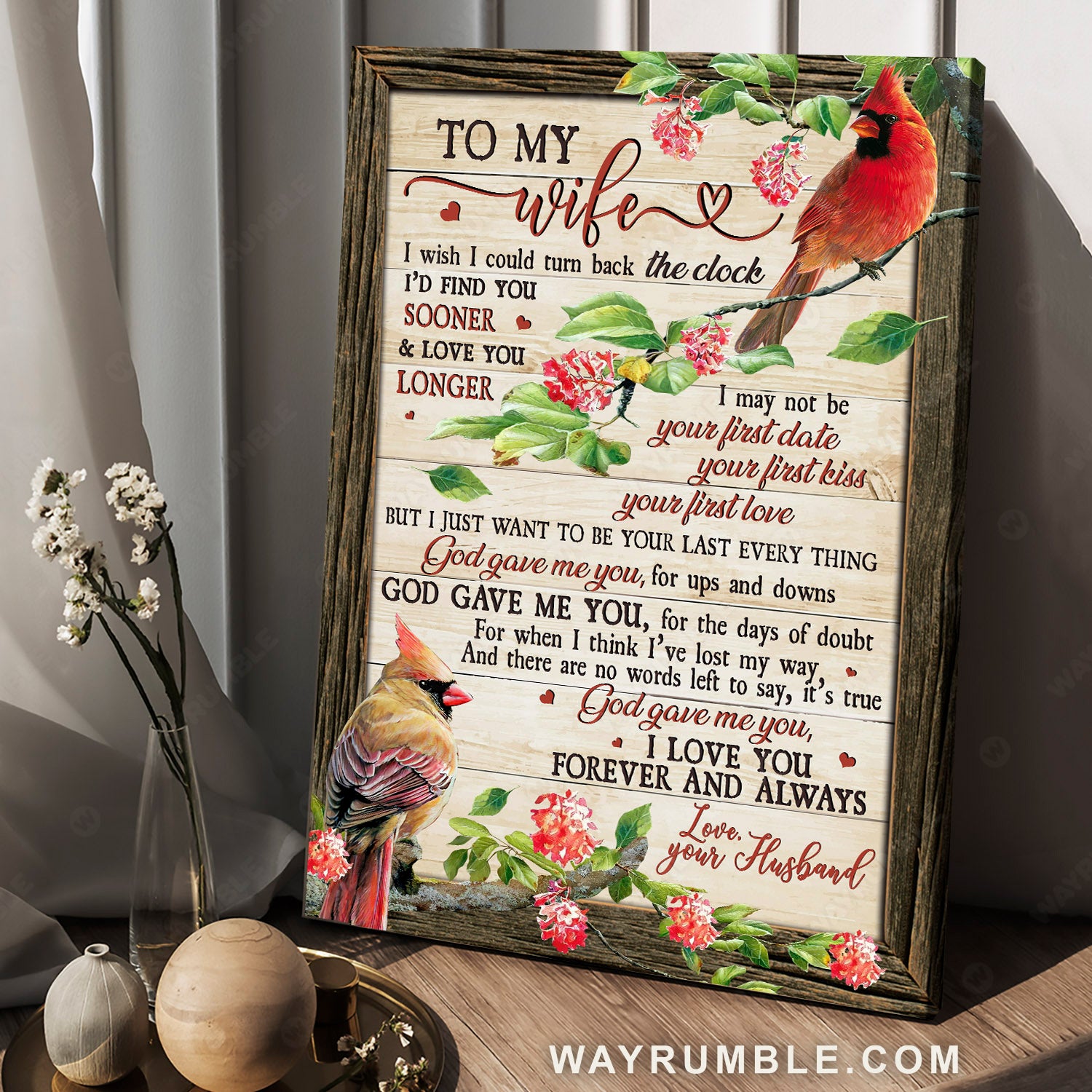 To my wife, Red cardinal, Yellow cardinal, Flower branch, I love you forever - Family Portrait Canvas Prints, Wall Art