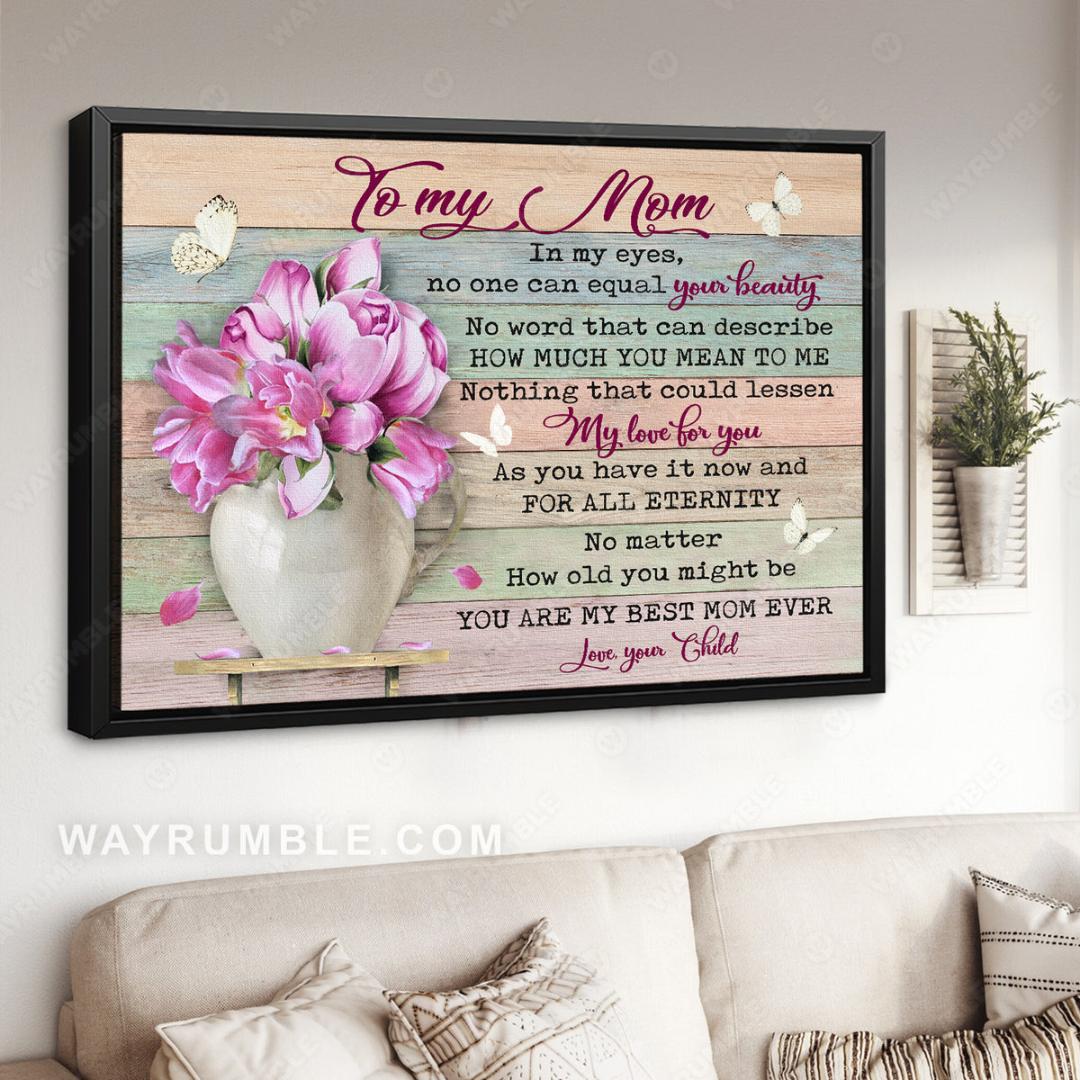 Daughter to mom, Pink flower vase, Still life painting, You are my best mom ever - Family Landscape Canvas Prints, Wall Art