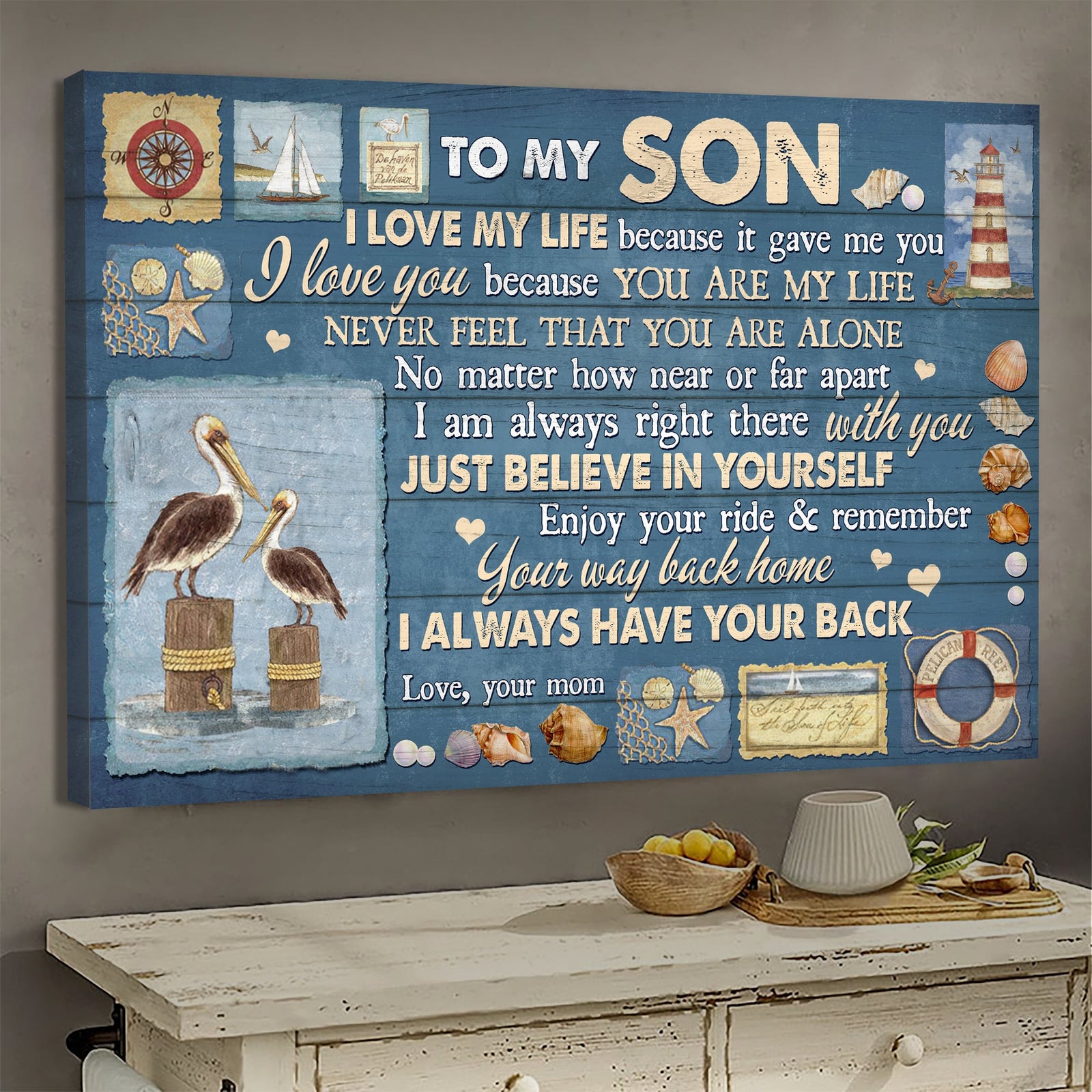 Mom to son, Pelican Family, Never feel that you are alone because I'm always right there with you - Family Landscape Canvas Prints, Wall Art