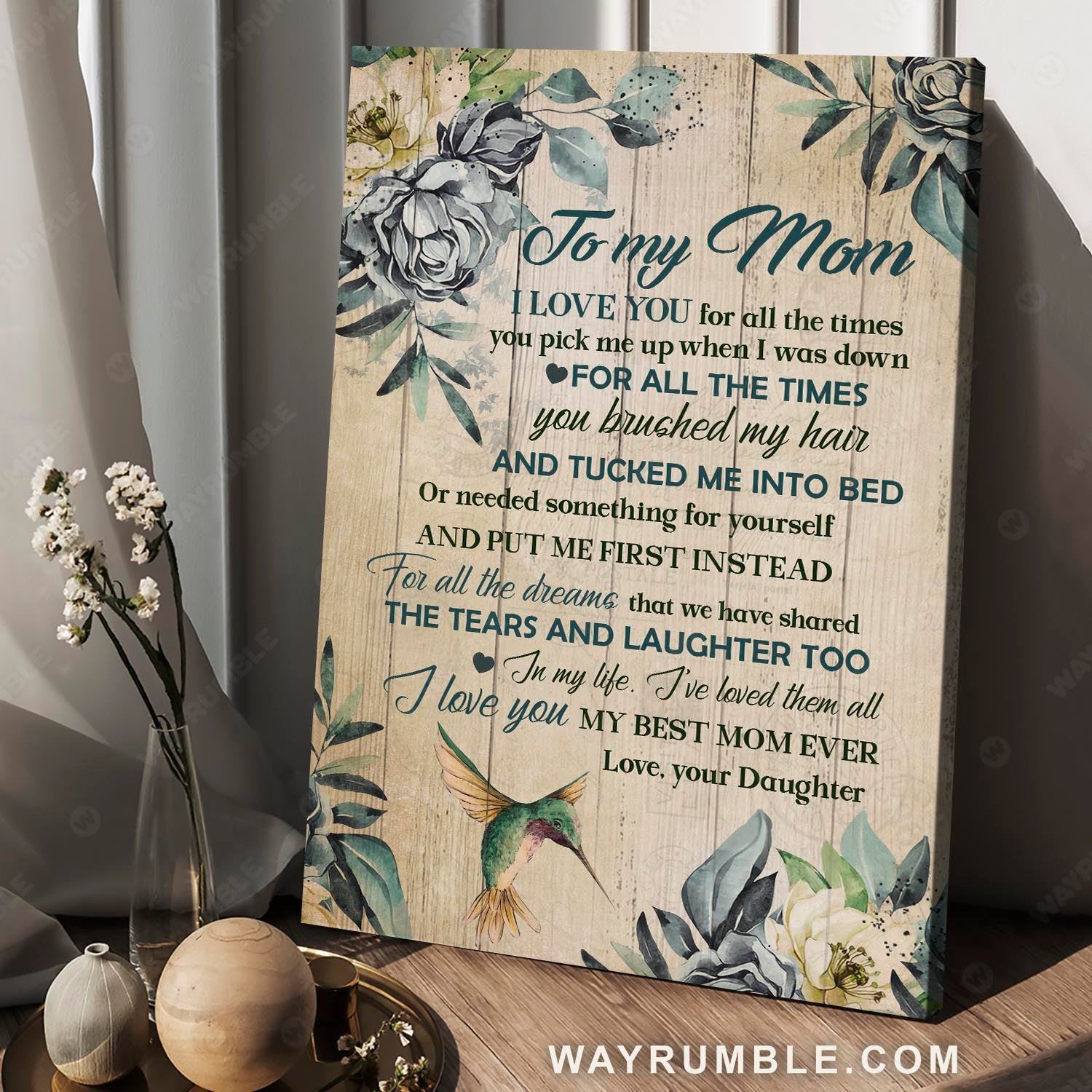 Daughter to mom, Hummingbird, Vintage painting,  I love you for all the times - Family Portrait Canvas Prints, Wall Art