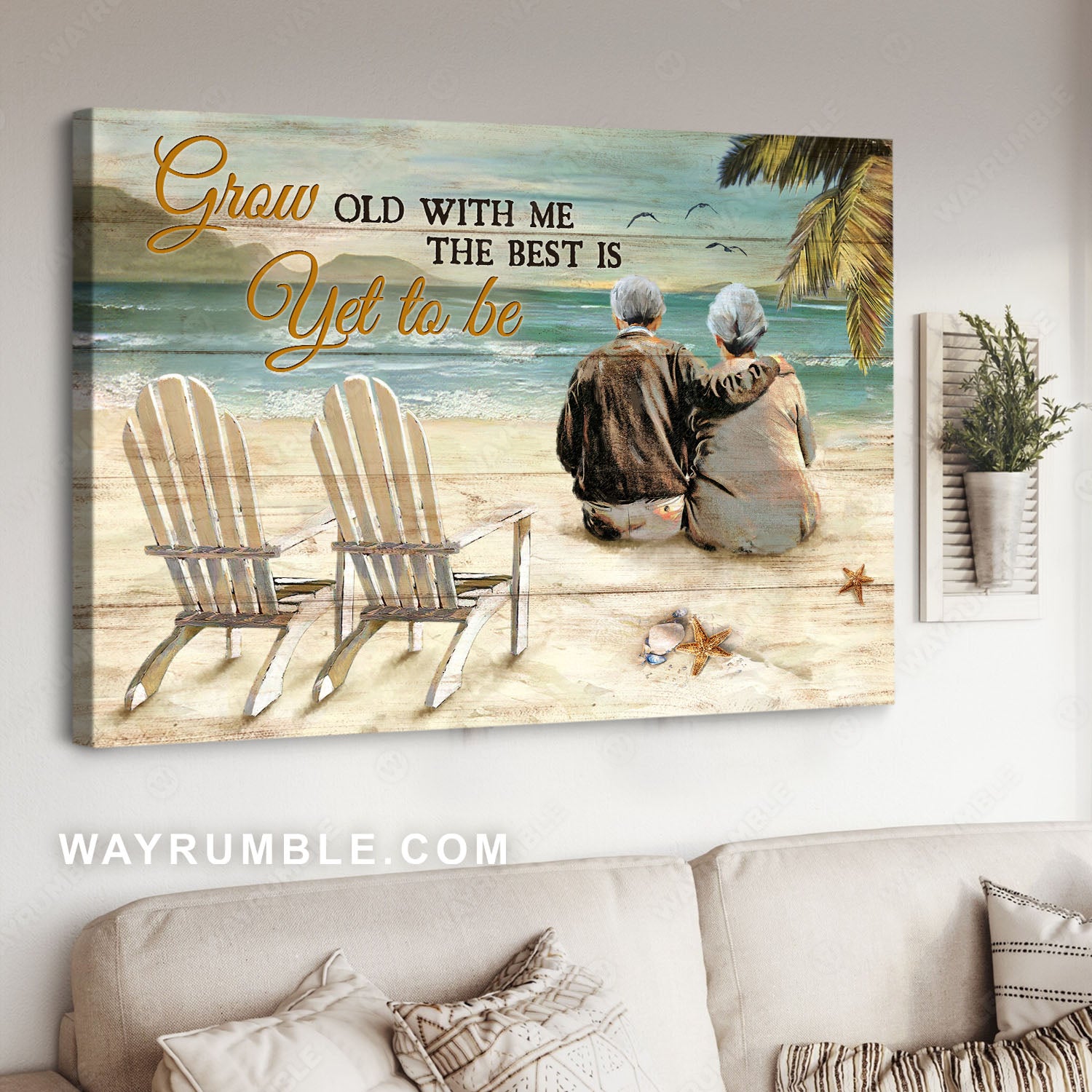Old couple, Sitting on the beach, Beach chairs, Grow old with me - Family Landscape Canvas Prints, Wall Art