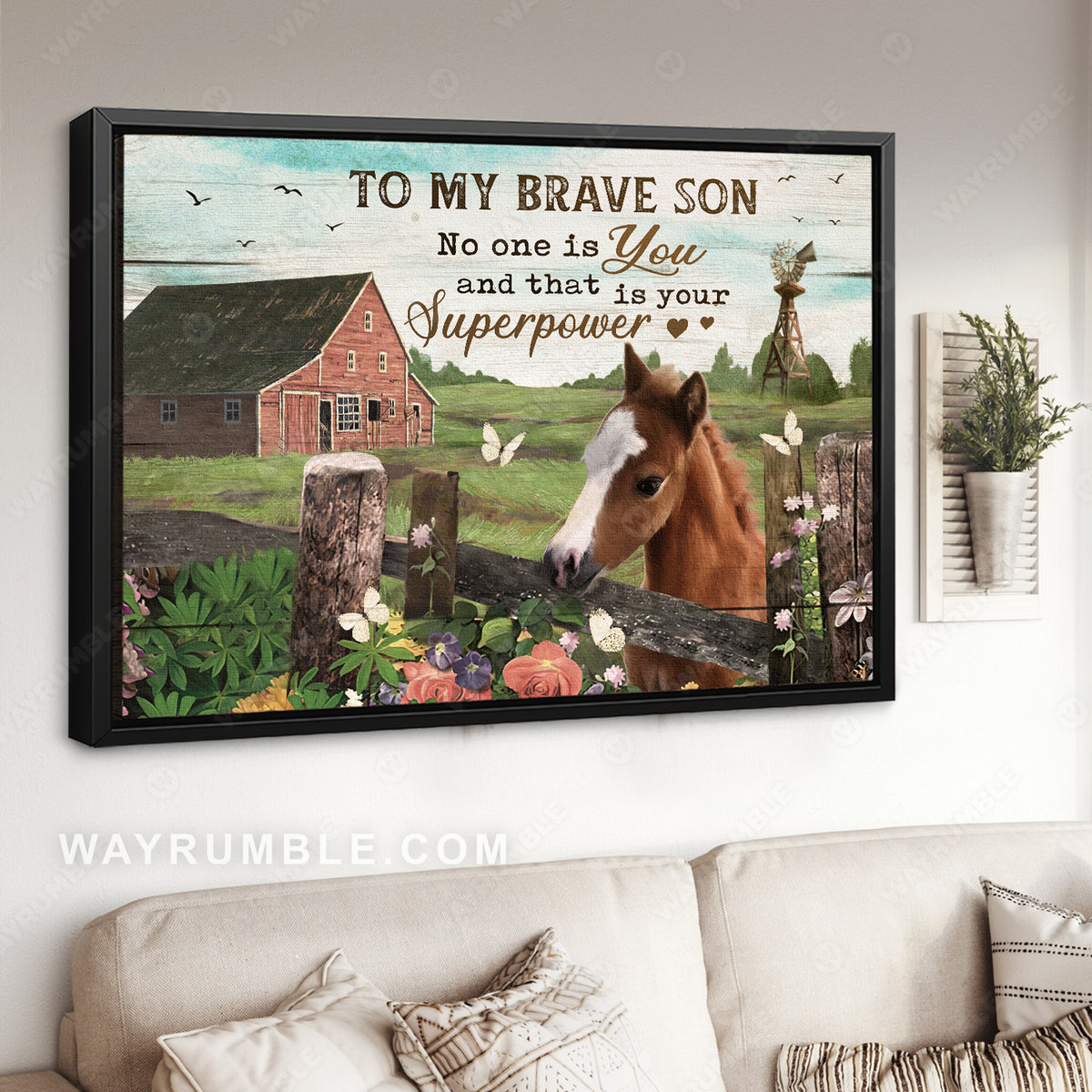 Dad to son, Green meadow land, Horse drawing, To my brave son - Family Landscape Canvas Prints, Wall Art