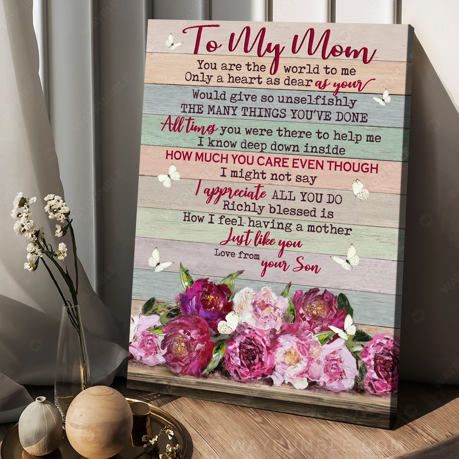 Son to mom, Rose flower, Beautiful white butterfly, Colourful background - Family Portrait Canvas Prints, Wall Art