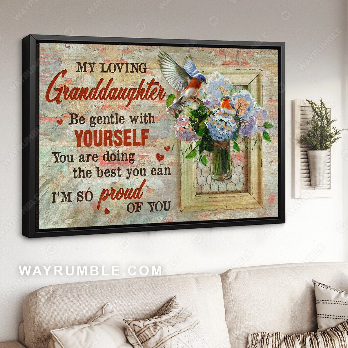 Grandma to granddaughter, Pastel hydrangea drawing, Hummingbird, I&#39;m so proud of you - Family Landscape Canvas Prints, Wall Art