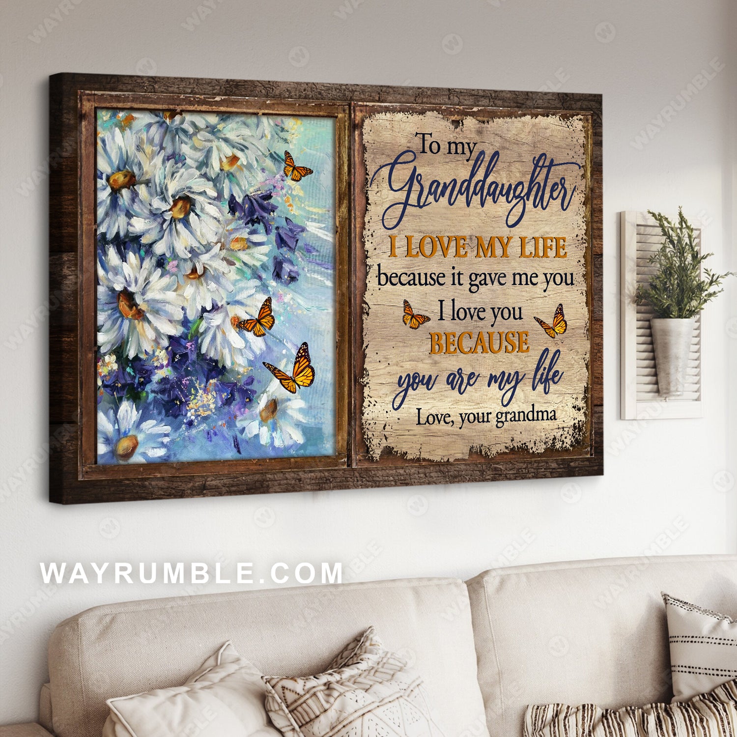 Grandma to Granddaughter, Daisy flower, Vintage painting, Old window frame, I love you because you are my life - Family Landscape Canvas Prints, Wall Art