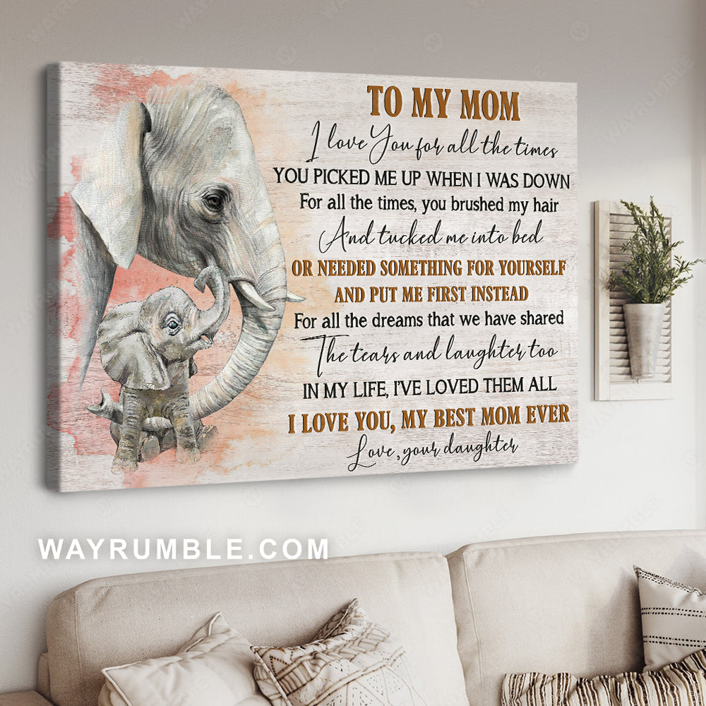 Daughter to mom, Watercolor elephant, Pink sky, I love you for all the times - Family Landscape Canvas Prints, Wall Art