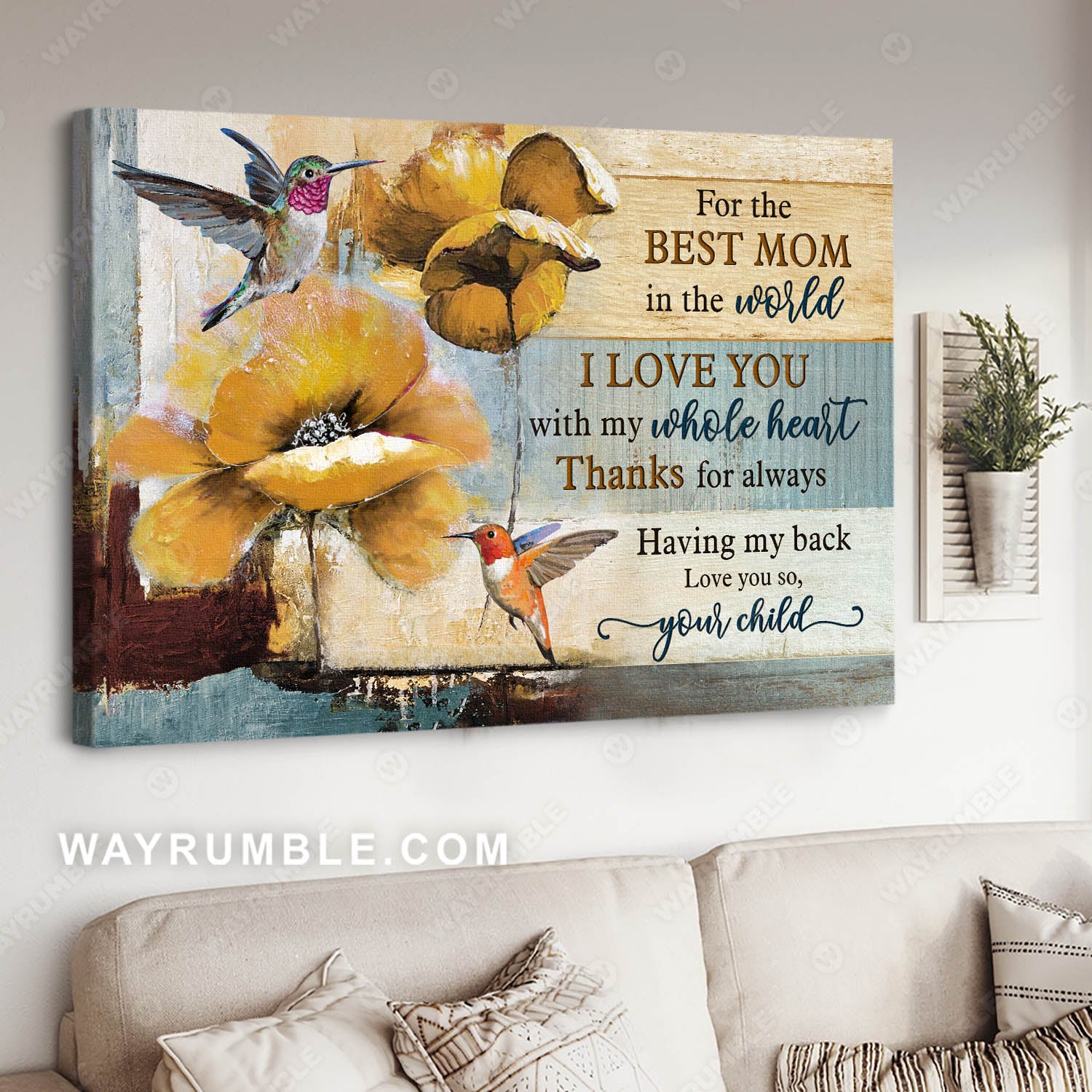 To my mom, Yellow flower, Vintage painting, I love you with my whole heart - Family Landscape Canvas Prints, Wall Art