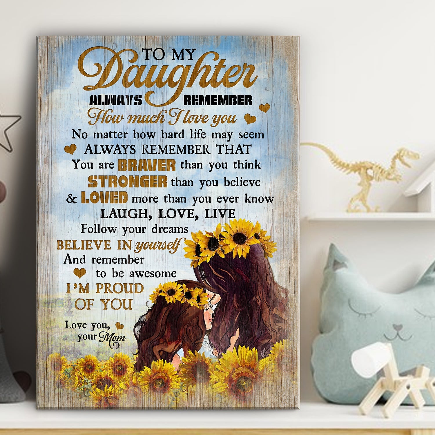 Mom to daughter, Sunflower field, Believe in yourself and be awesome - Family Portrait Canvas Prints, Wall Art