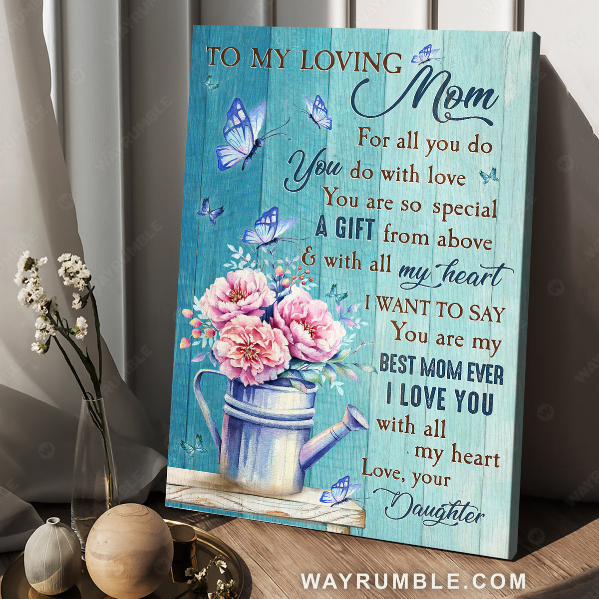 Daughter to mom, Pink carnation, Purple butterfly, I love you with all my heart - Family Portrait Canvas Prints, Wall Art