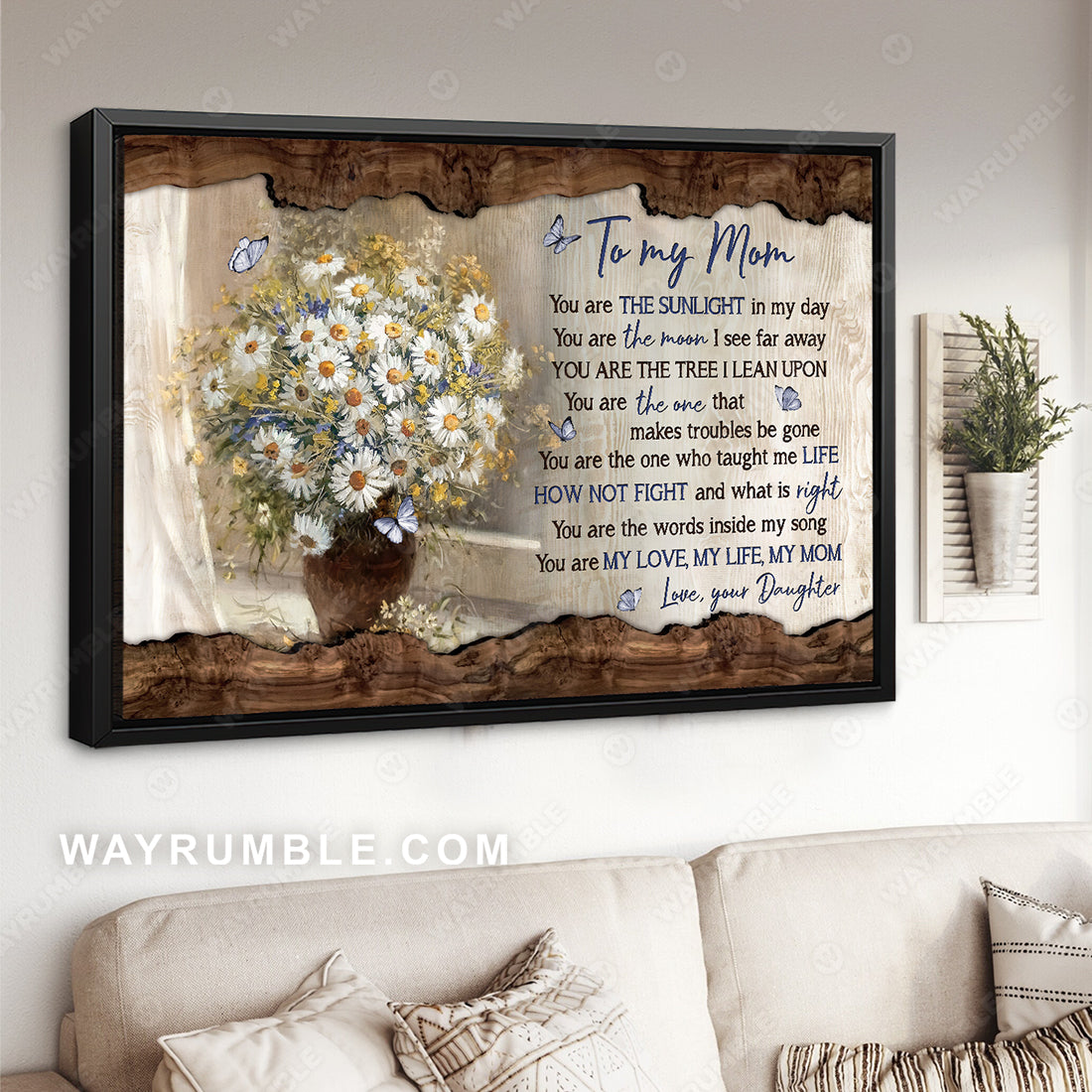 Daughter to mom, Pretty daisy vase, Butterfly, You are the sunlight in my day - Family Landscape Canvas Prints, Wall Art