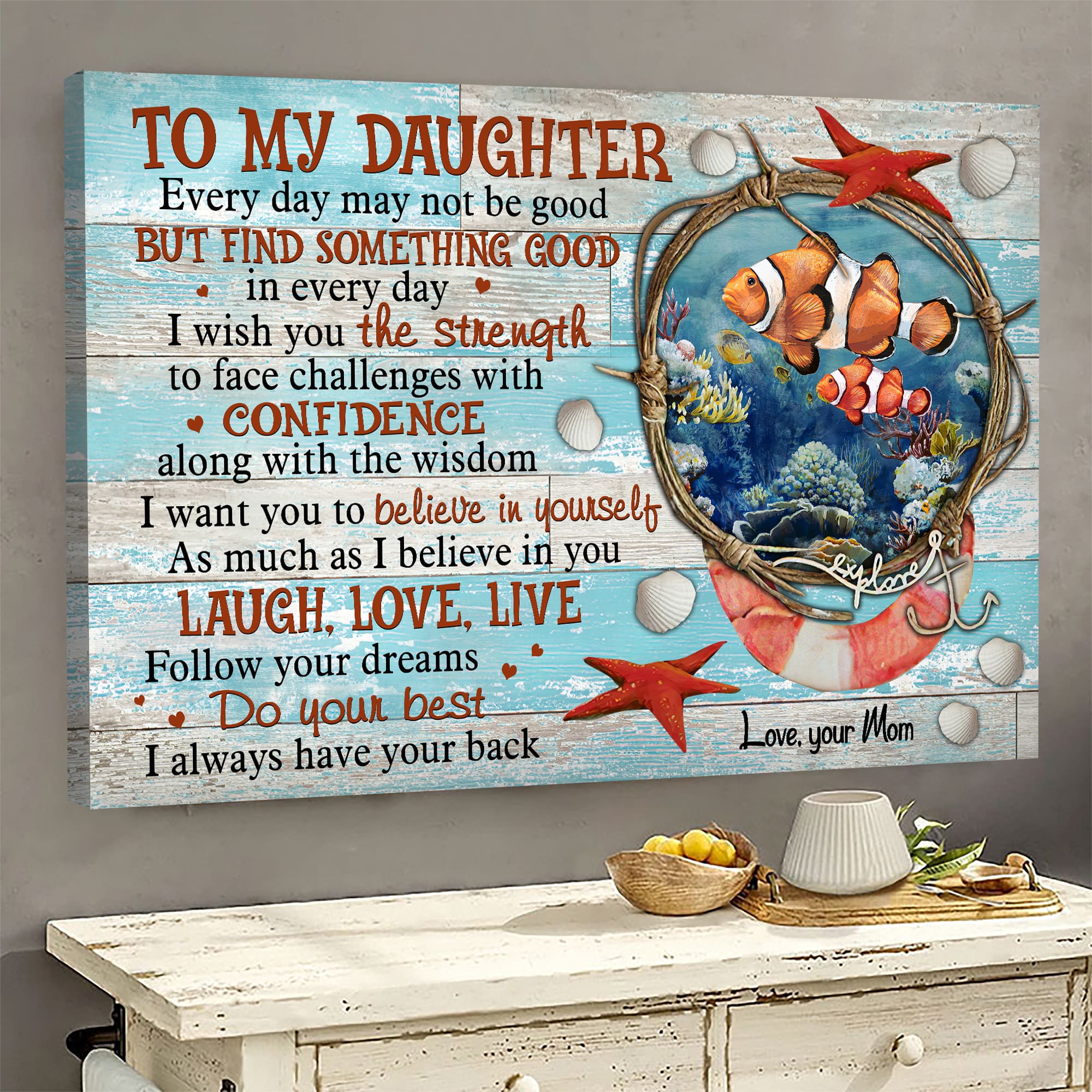 Mom to daughter, Starfish, Crown fish family, I want you to believe in yourself - Family Landscape Canvas Prints, Wall Art