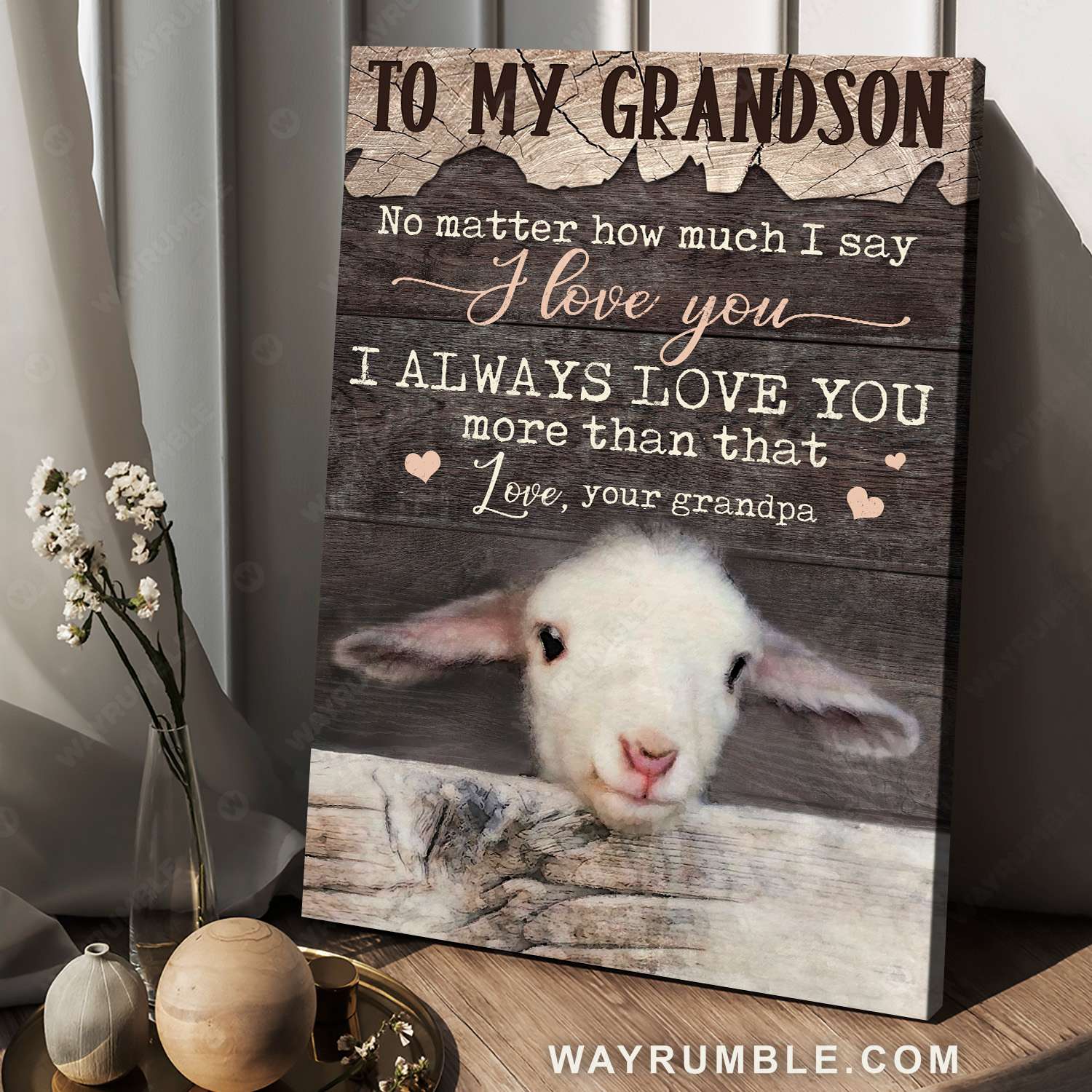 Grandpa to grandson, Cute lamb, Wooden background, I always love you more than that - Family Portrait Canvas Prints, Wall Art