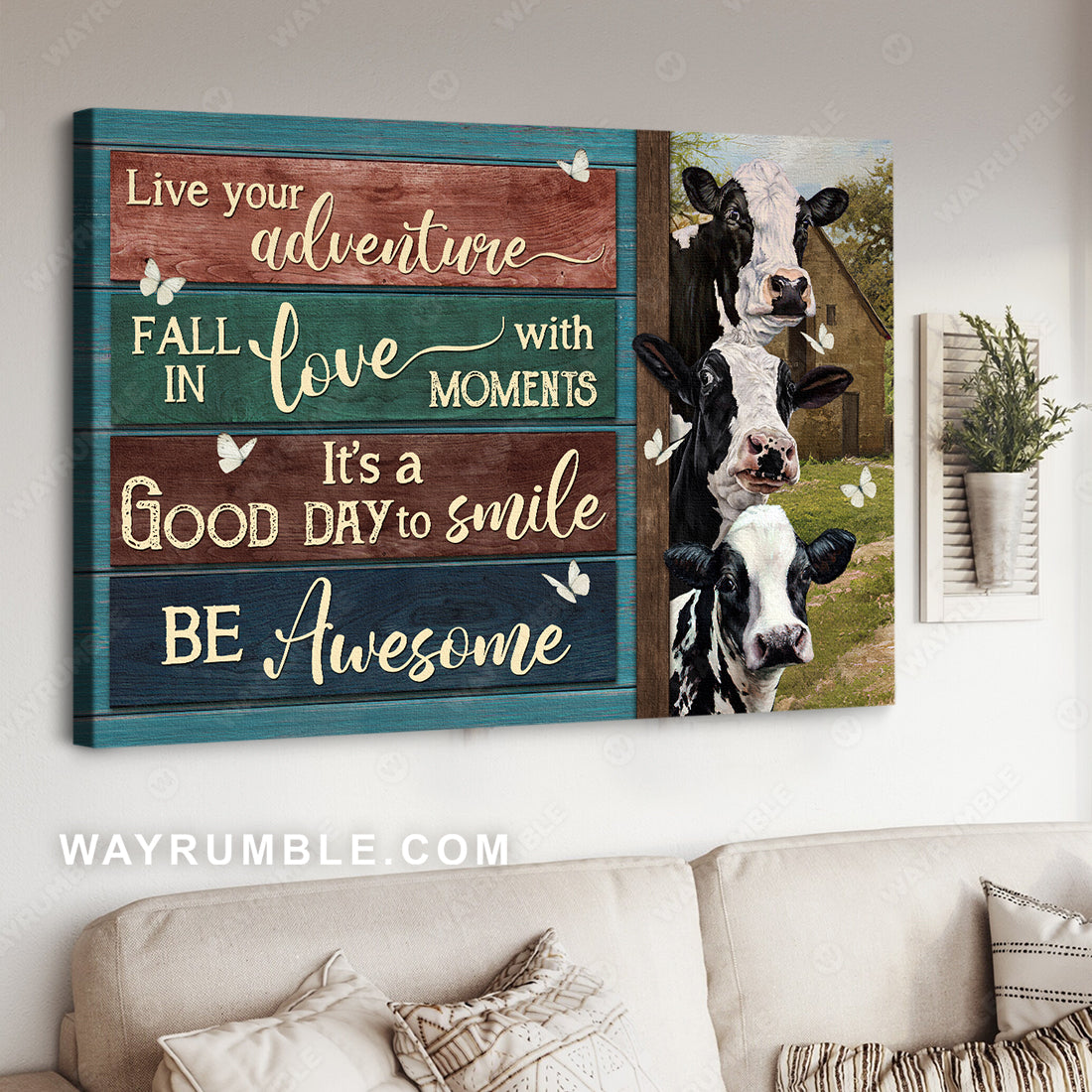 Amazing dairy cow, Green meadow, It's a good day to smile - Family Landscape Canvas Prints, Wall Art