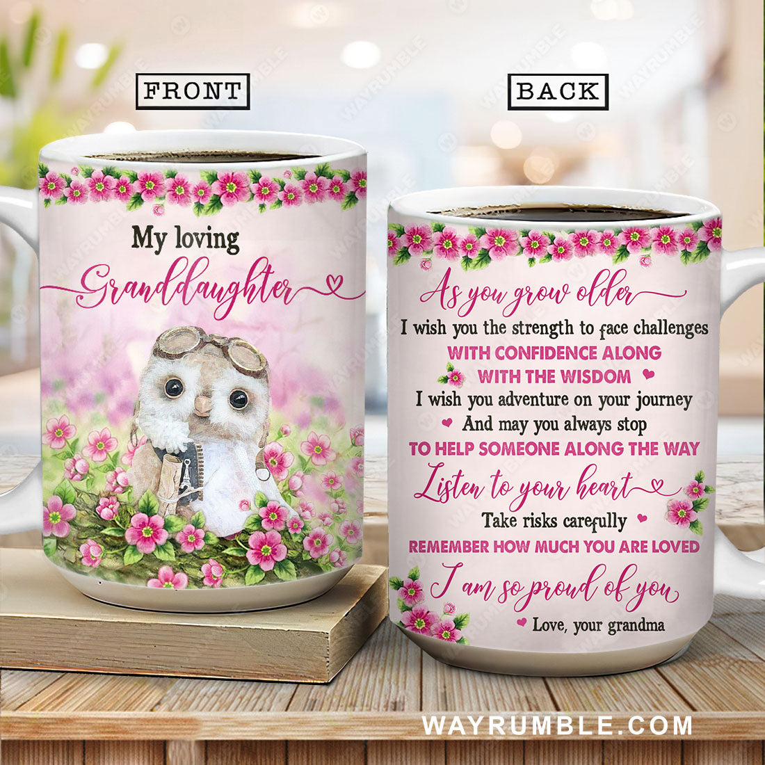 Grandma to granddaughter, Owl drawing, Pink flower, I'm so proud of you - Family AOP Mug