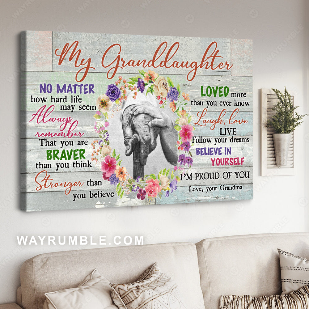 Grandma to granddaughter, Holding hand drawing, Black and white painting, Flower Wreath, I'm proud of you - Family Landscape Canvas Prints, Wall Art
