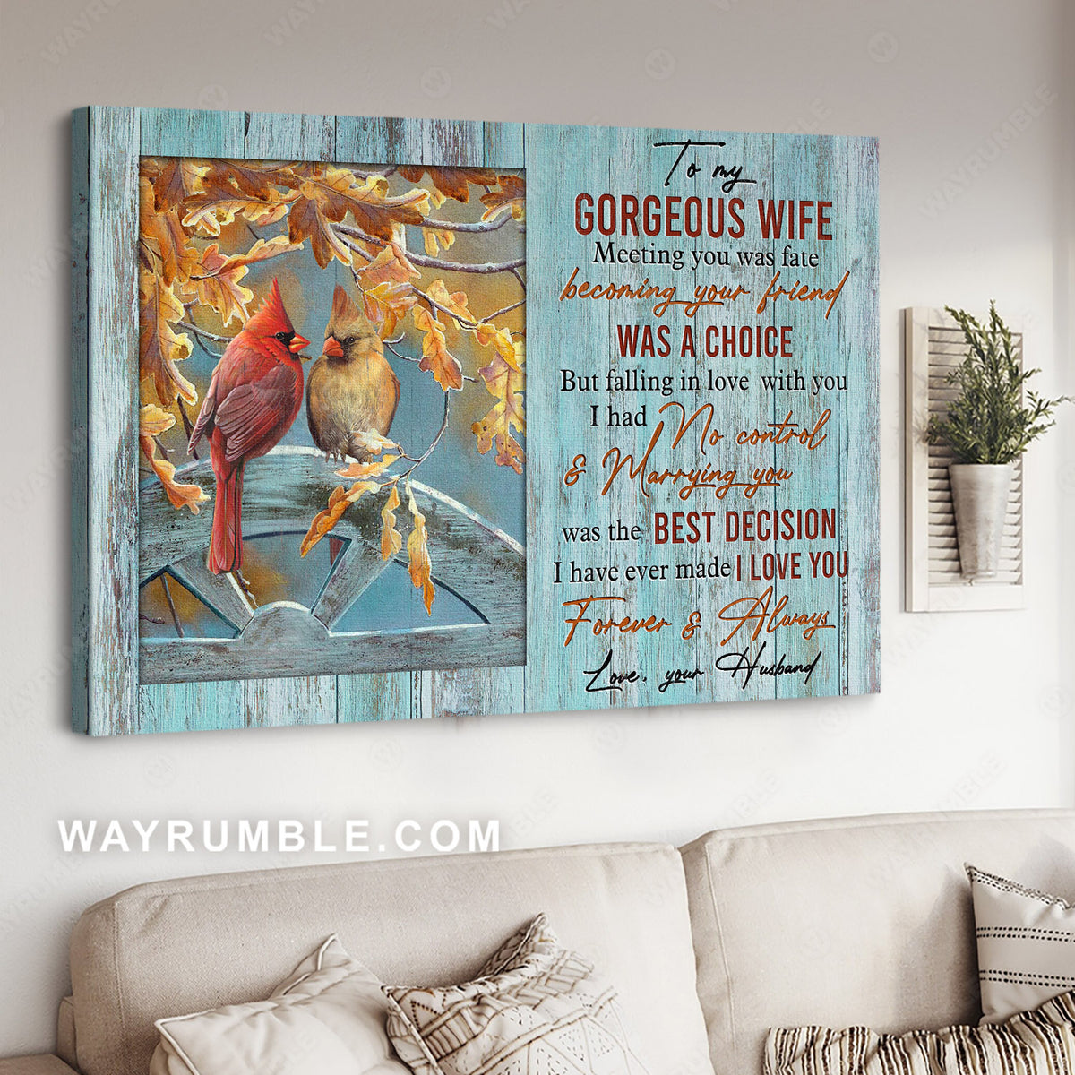 To my wife, Red cardinal, Yellow cardinal, Autumn tree, Meeting you was fate - Family Landscape Canvas Prints, Wall Art