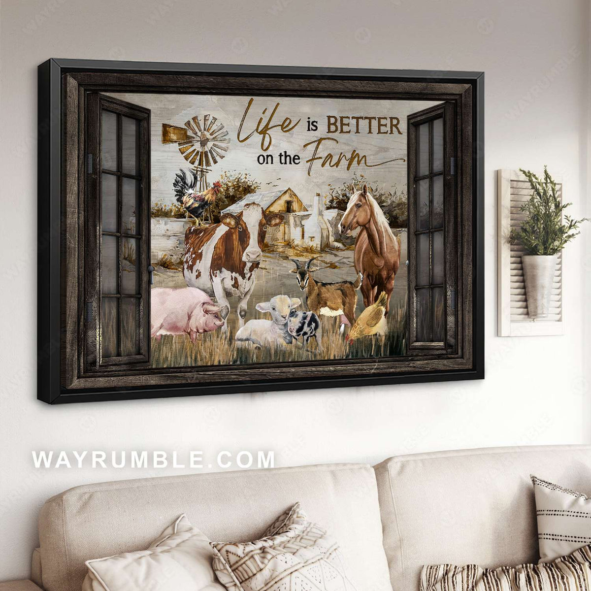 Farm animal, Dairy cow, Brown horse, Rooster chicken, Life is better on the farm - Family Landscape Canvas Prints, Wall Art