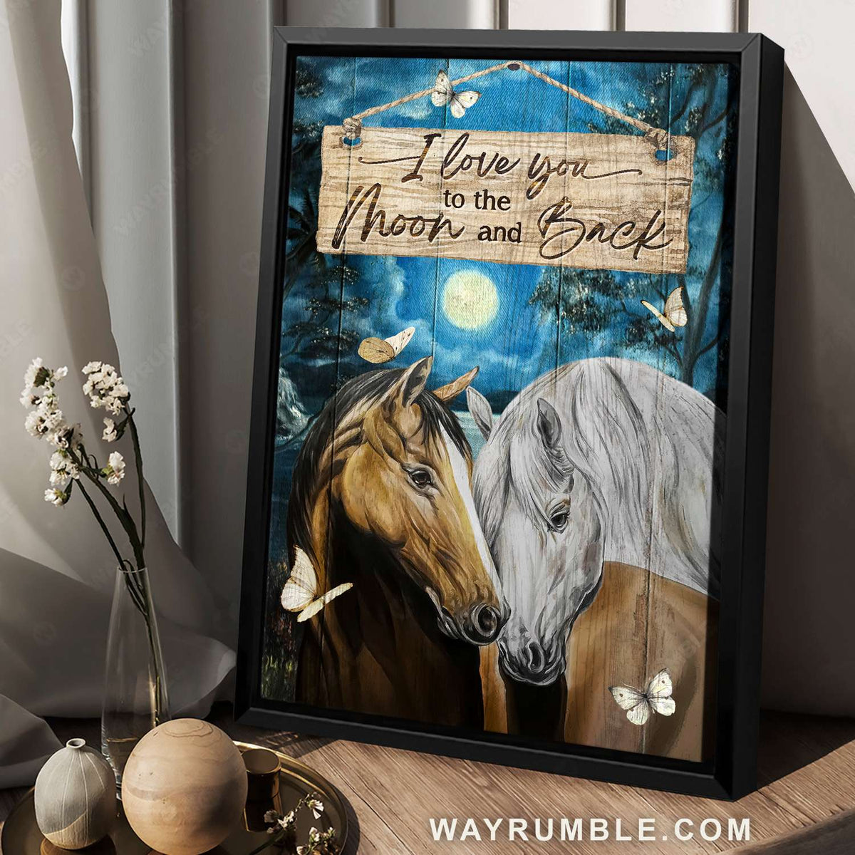 Brown and white horse, Moon night, White butterfly, I love you to the moon and back - Family Portrait Canvas Prints, Wall Art
