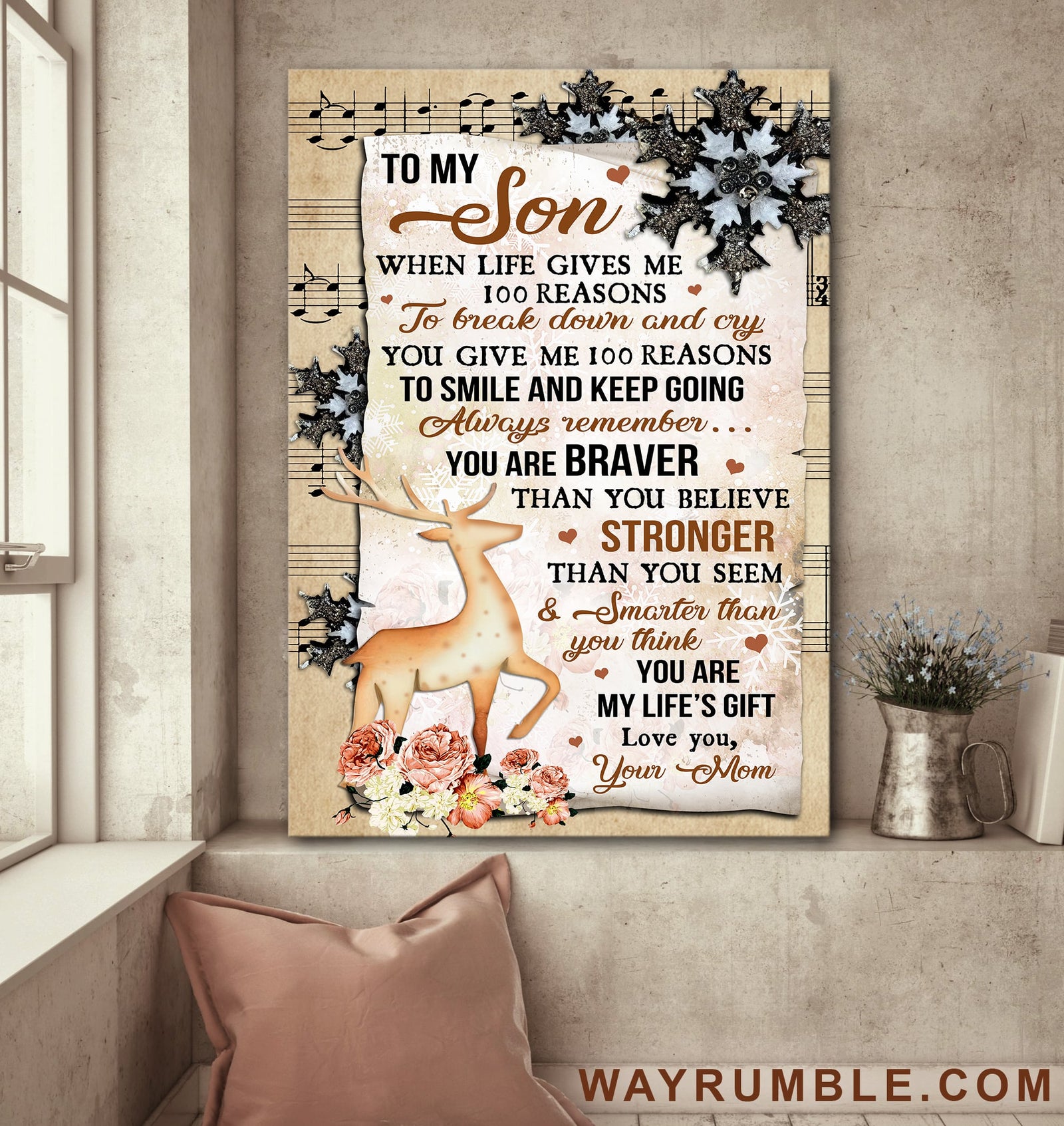 Mom to son, Deer, Gifts for son from mom, You are my life's gift, Music sheet painting - Family Portrait Canvas Prints, Wall Art