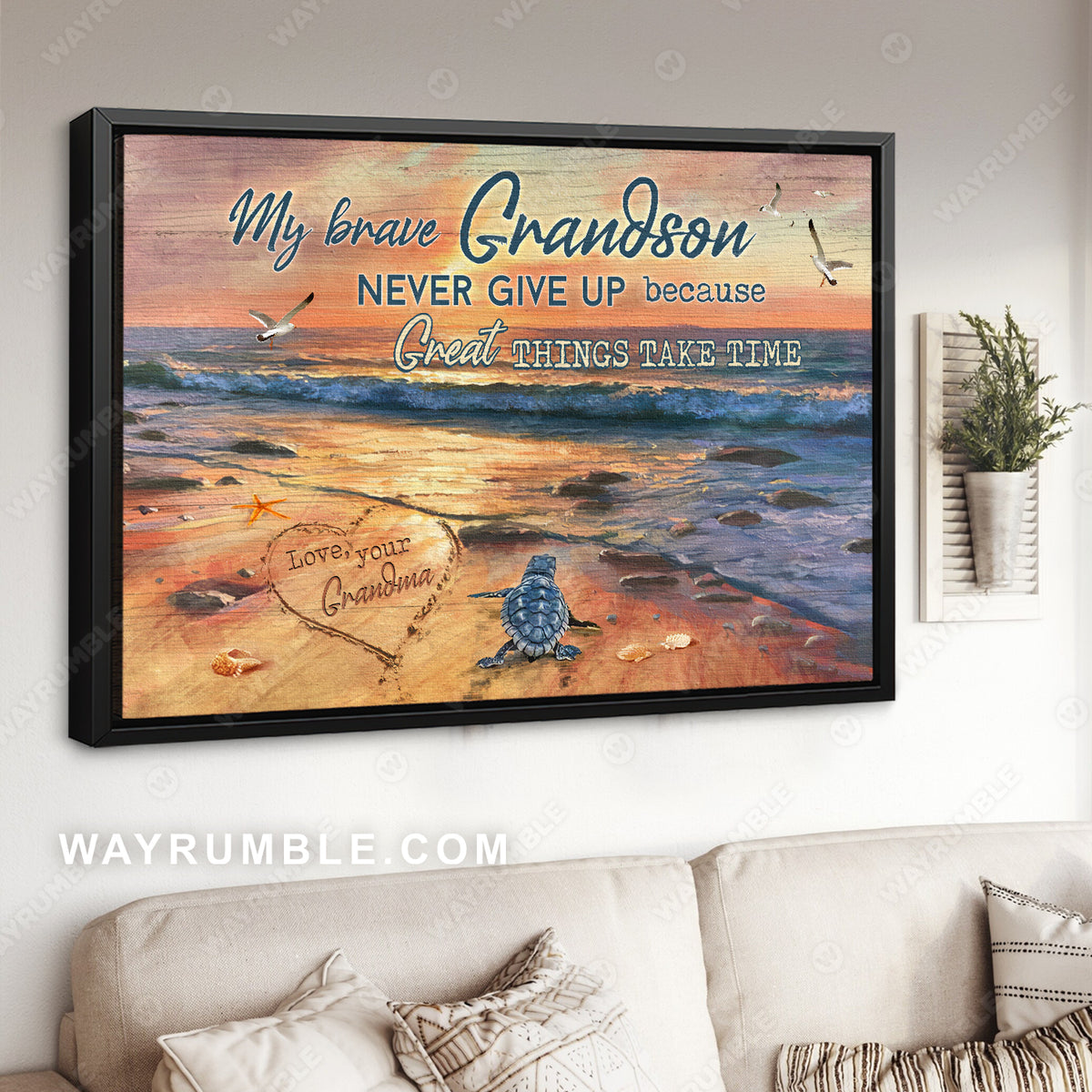 Grandma to Grandson, Sea landscape, Sea turtle on the beach, Never give up because great things take time - Family Landscape Canvas Prints, Wall Art