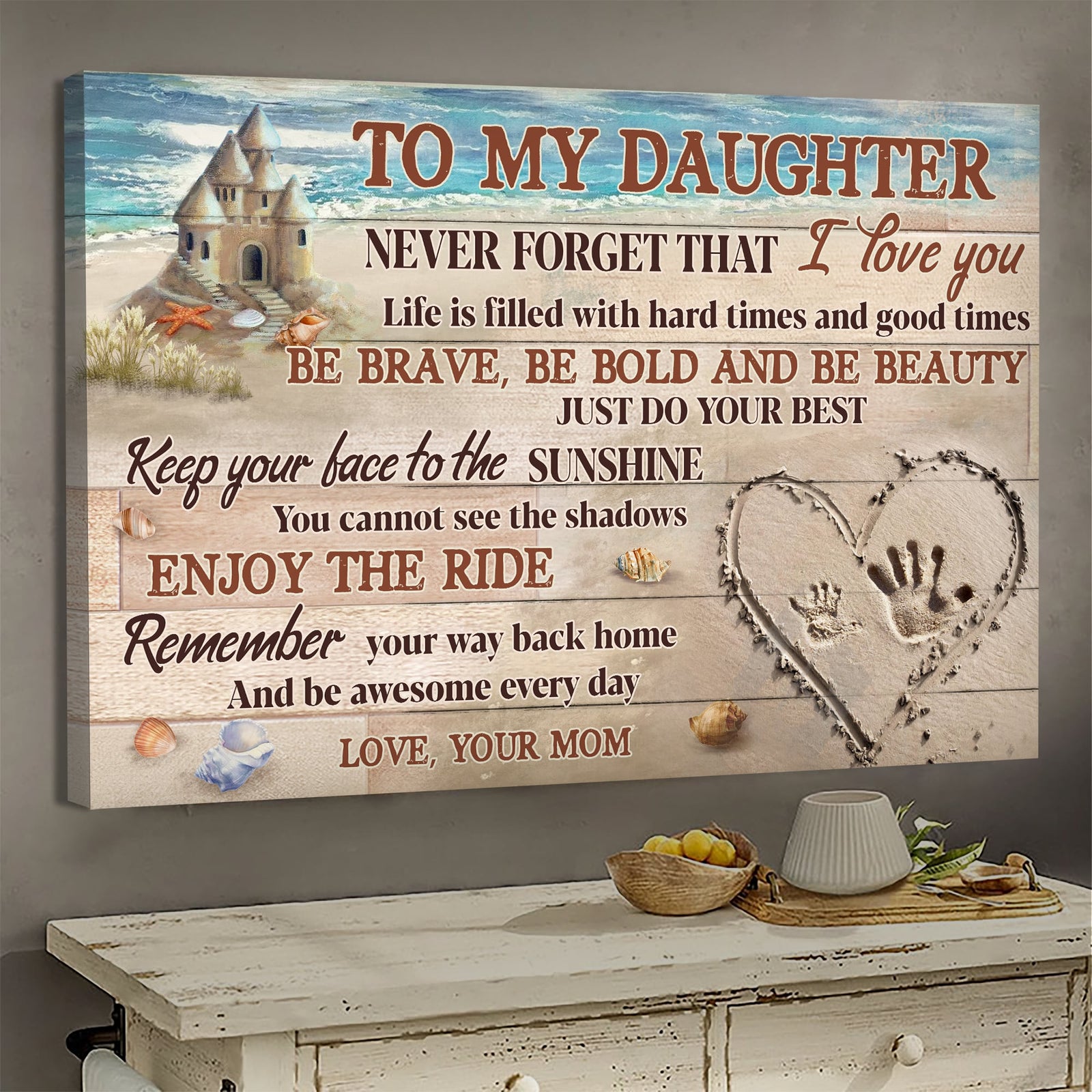 Mom to daughter, Sand Castle, Handprints, Beach, Do your best & Keep your face to the sunshine - Family Landscape Canvas Prints, Wall Art