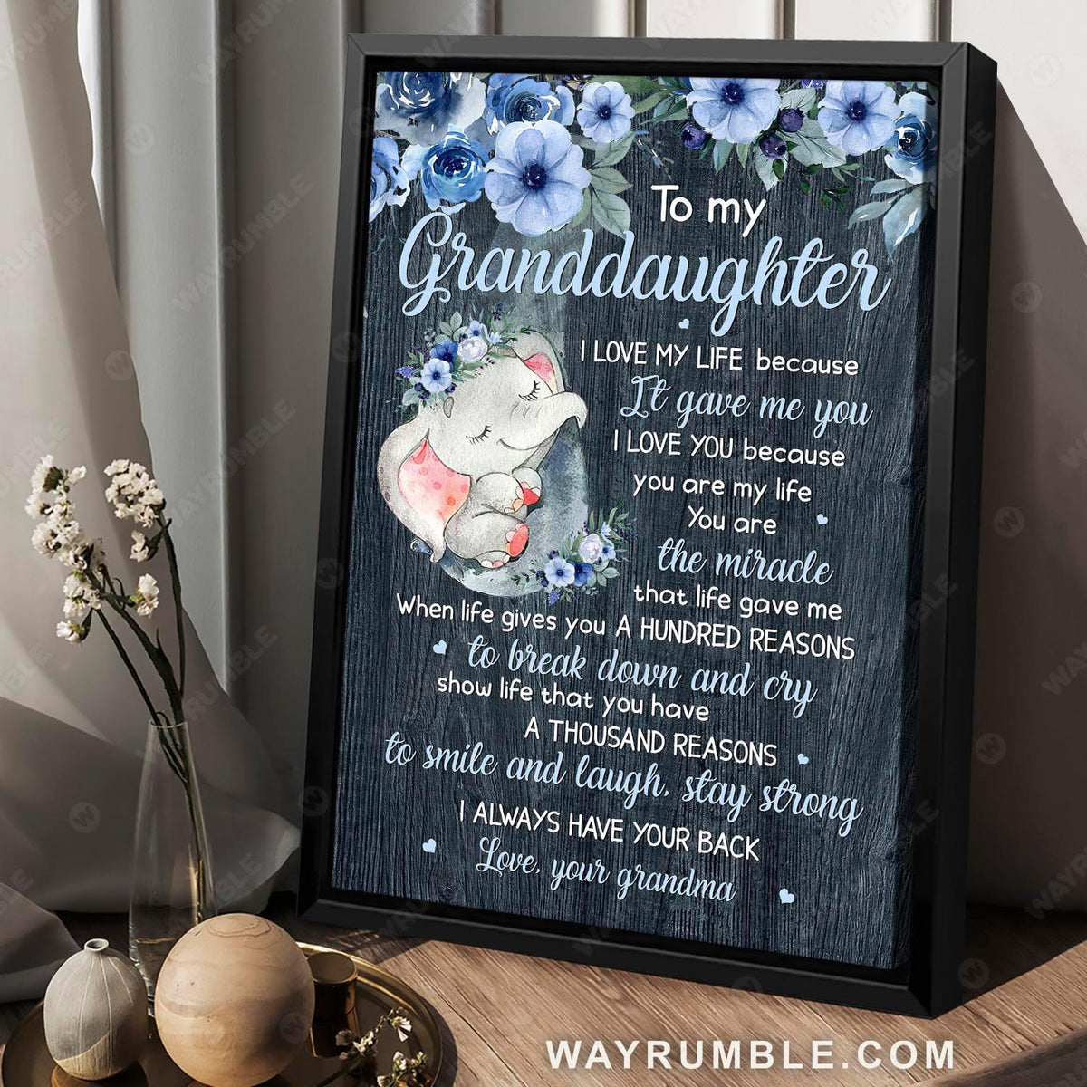 Grandma to granddaughter, Elephant drawing, Blue flower, You are the miracle that life gave me - Family Portrait Canvas Prints, Wall Art