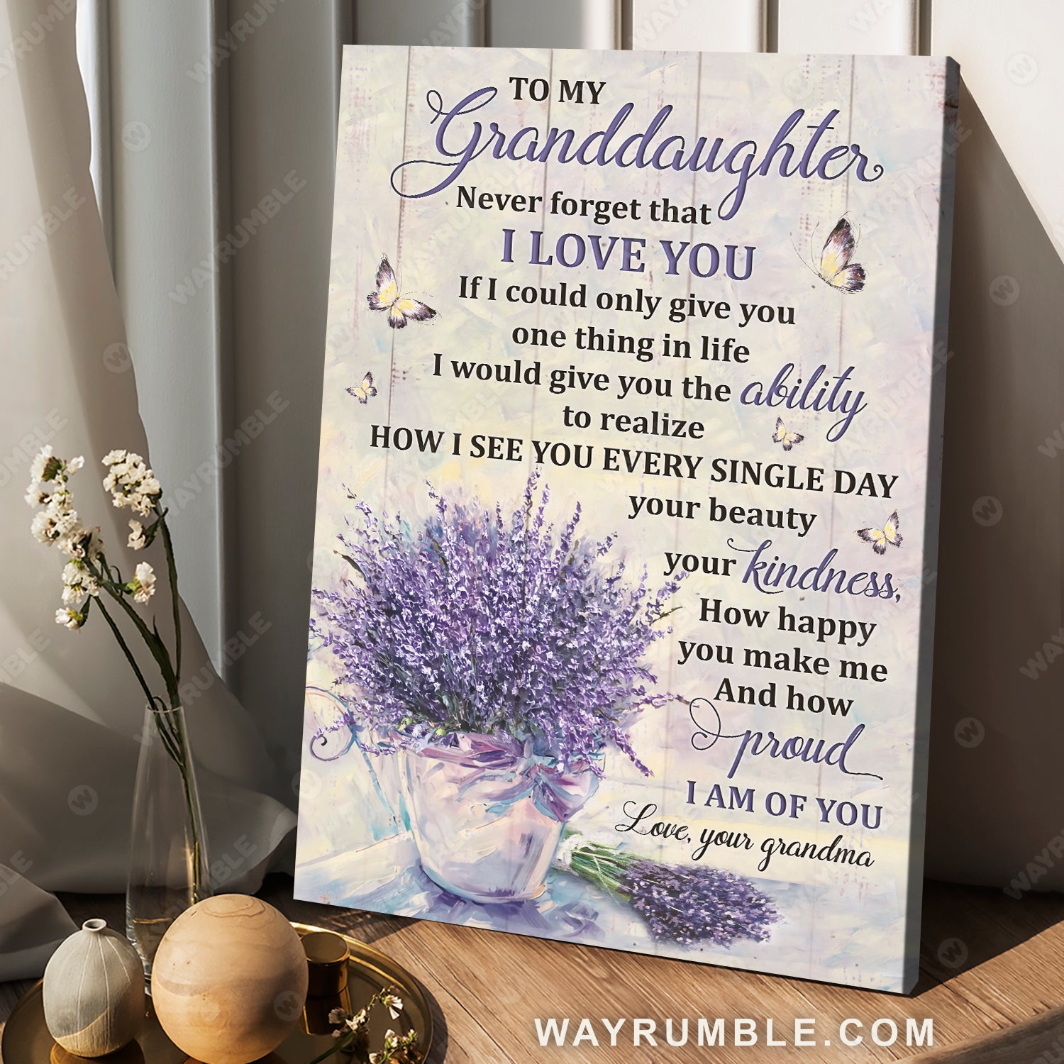 Grandma to granddaughter, Lavender vase, Still life painting, I am proud of you - Family Portrait Canvas Prints, Wall Art