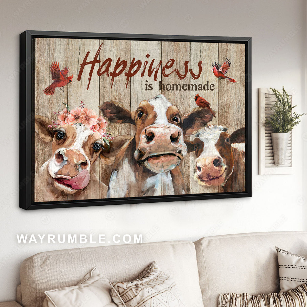 Cows painting, Red cardinals. Farm life, Happiness is homemade - Family Landscape Canvas Prints, Wall Art