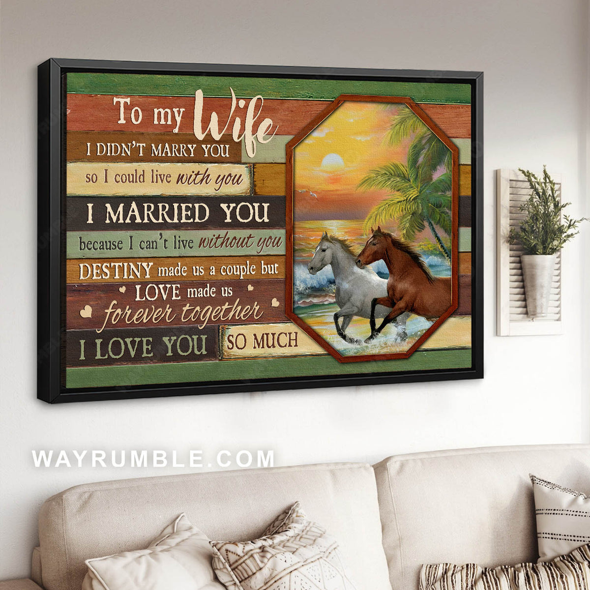 To my wife, White horse, Brown horse, Sunset beach, Destiny made us a couple - Family Landscape Canvas Prints, Wall Art