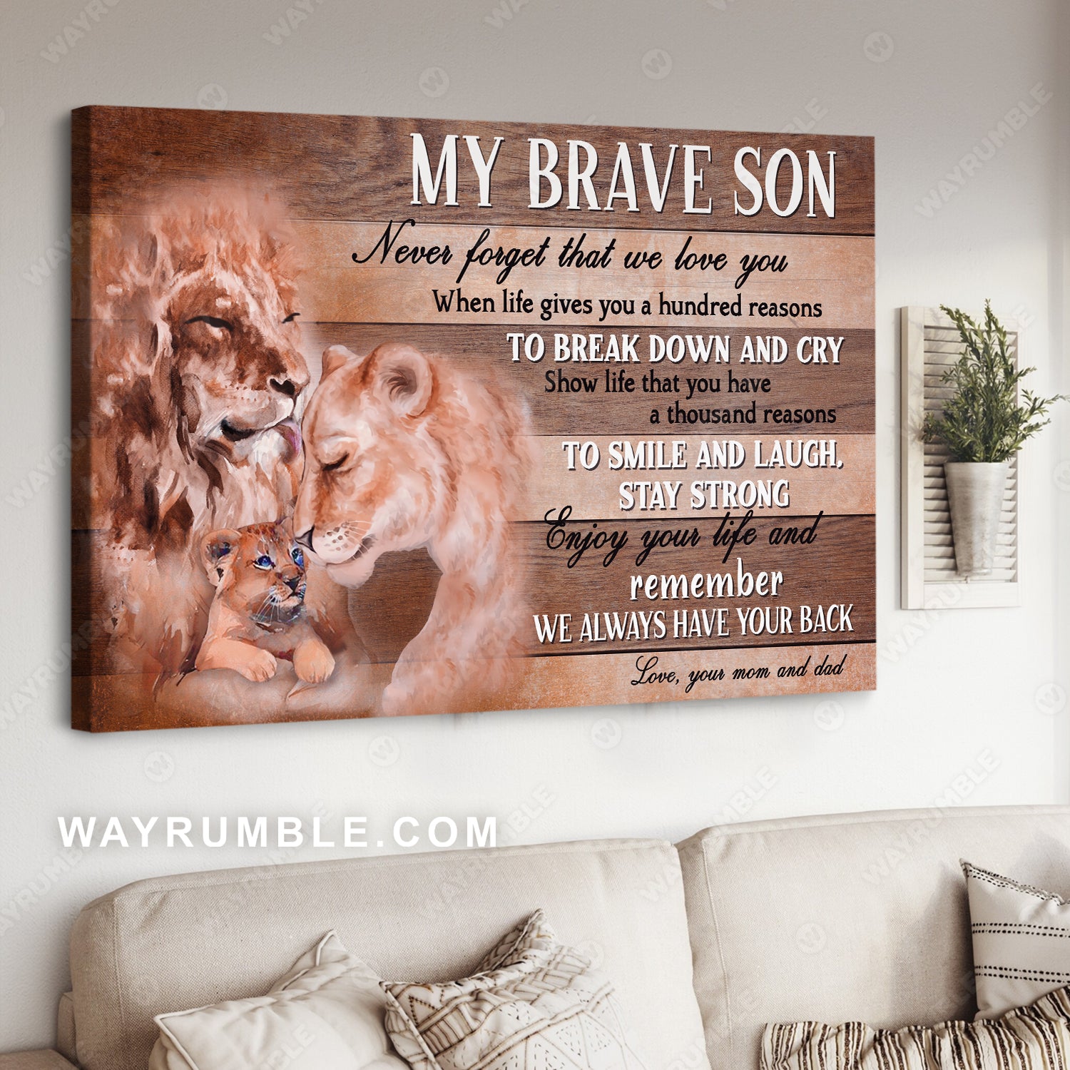 To my son, Lion family, Lion painting, Lion parents anf their cub, We always have your back - Family Landscape Canvas Prints, Wall Art