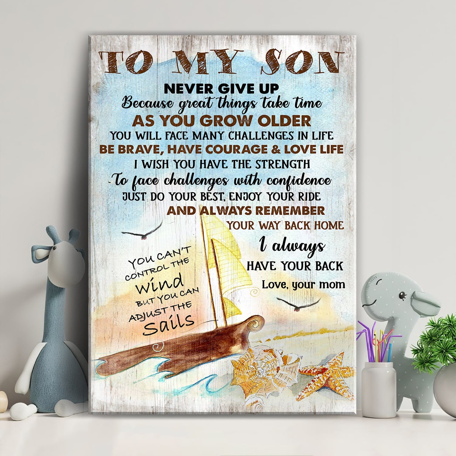 Mom to son, Beach, Starfish, On the sea, Never give up because great things take time - Family Portrait Canvas Prints, Wall Art