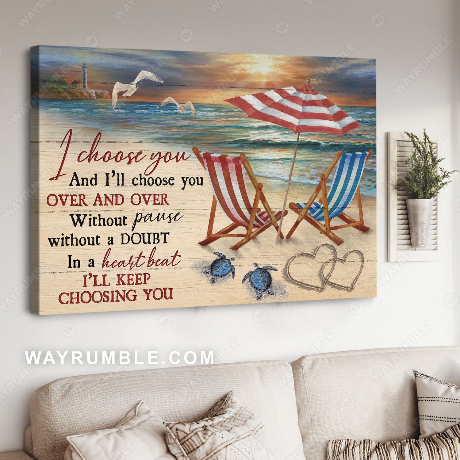 Beach scene, Beach chairs, Sea turtle, Heart shape, I choose you - Family Landscape Canvas Prints, Wall Art