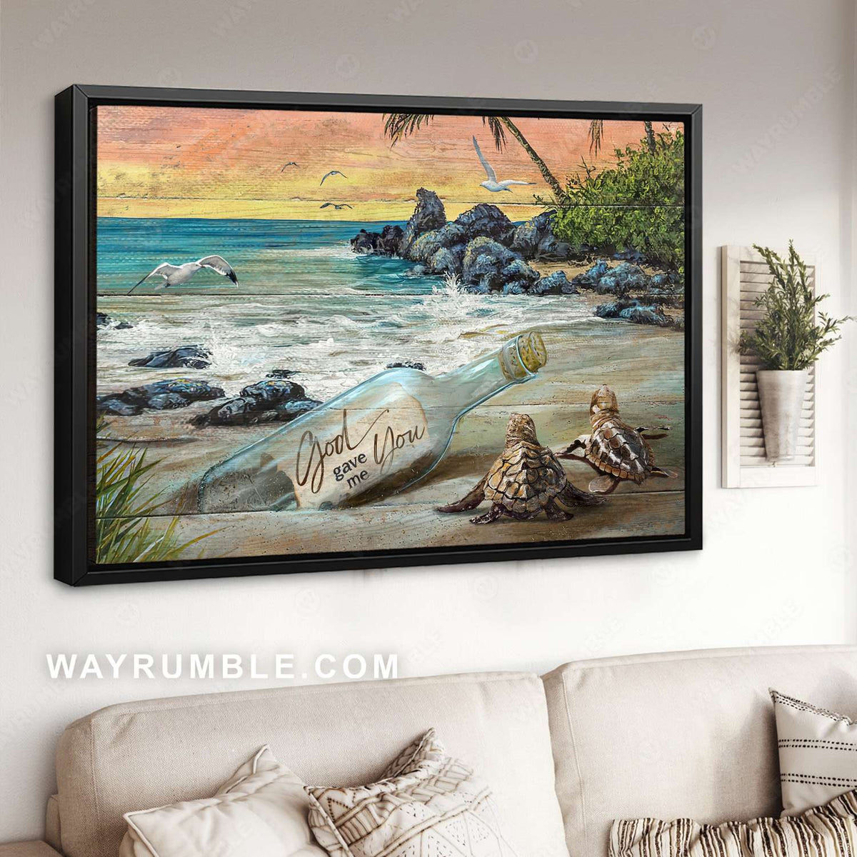 Sea turtle, Glass bottle, Sandy beach, God gave me you - Family Landscape Canvas Prints, Wall Art