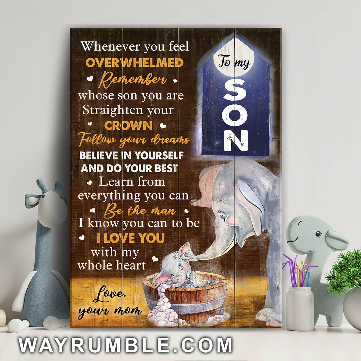 Mom to son, Elephant family, Take a shower, I love you with my whole heart - Family Portrait Canvas Prints, Wall Art