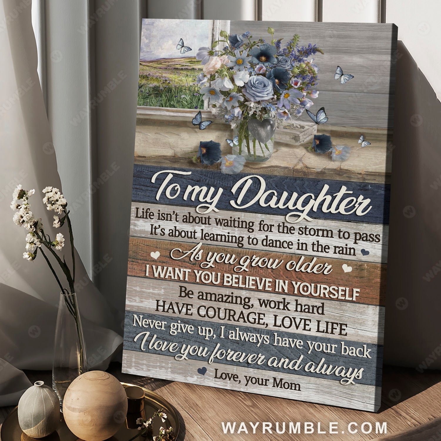 Mom to daughter, Blue flower vase, Vintage painting, Believe in yourself - Family Portrait Canvas Prints, Wall Art