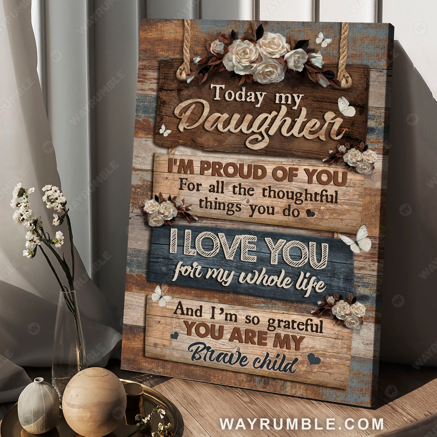 To my daughter, Wooden board, Vintage painting, White rose flower, I love you for my whole life - Family Portrait Canvas Prints, Wall Art