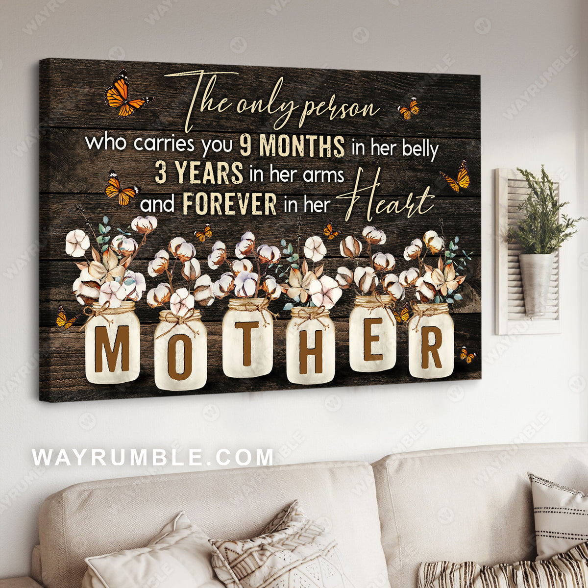 Daughter to mom, Cotton flower, Mason jar, Monarch butterfly, The only person - Family Landscape Canvas Prints, Wall Art