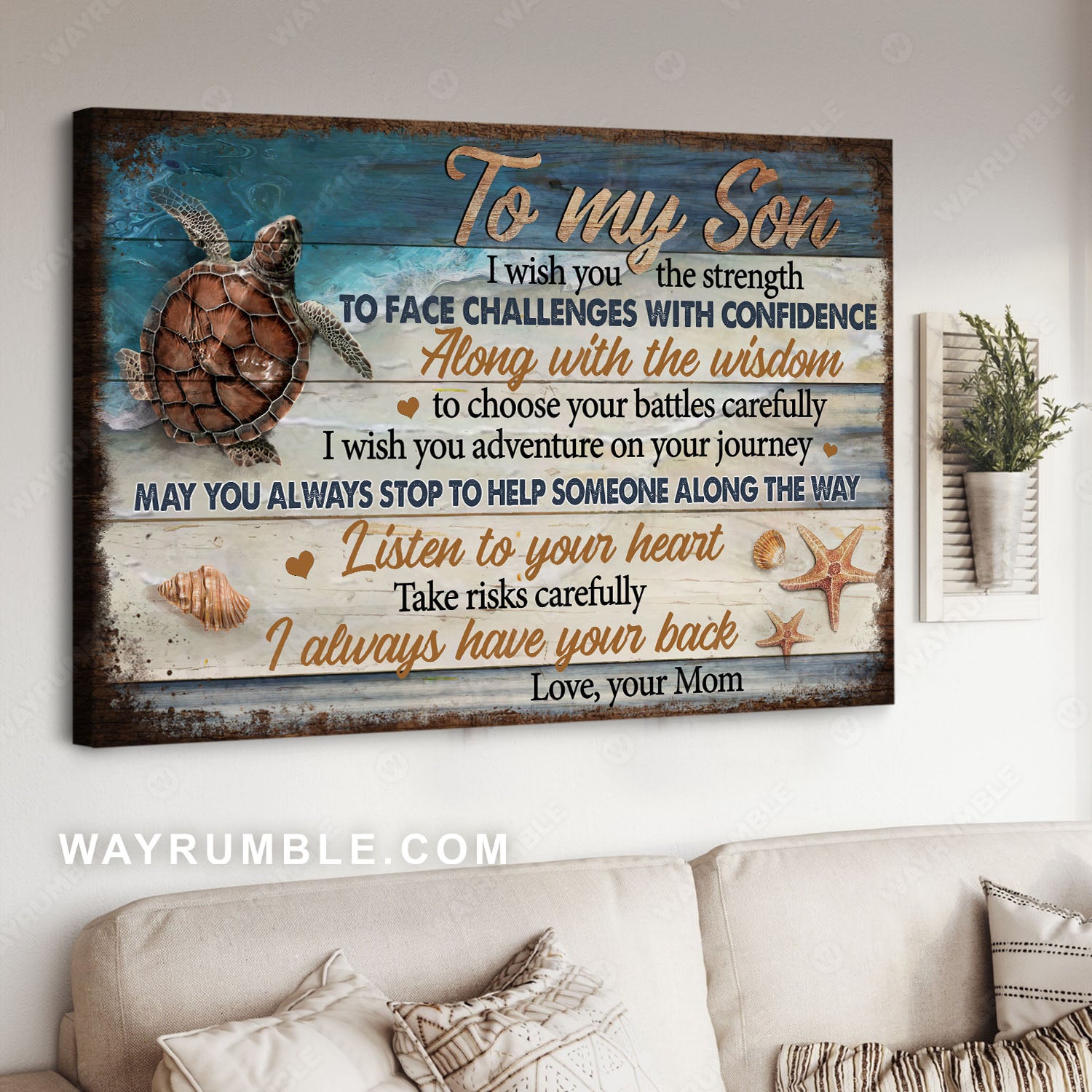 Mom to son, Sea turtle, Beach painting, I always have your back - Family Landscape Canvas Prints, Wall Art