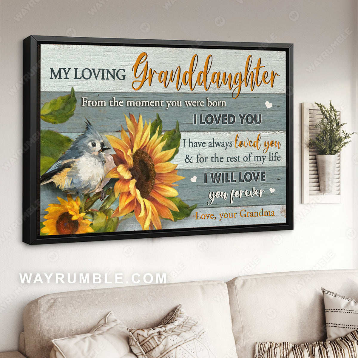 Grandma to granddaughter, Sunflower painting, Sparrow, I will love you forever - Family Landscape Canvas Prints, Wall Art