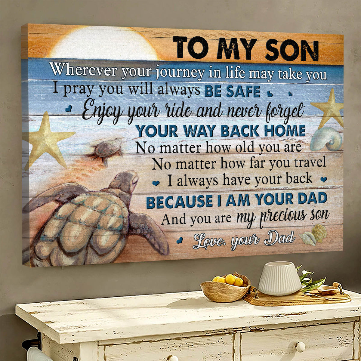 Dad to son, Turtle Family, On the beach, Sunset, You are my precious son - Family Landscape Canvas Prints, Wall Art