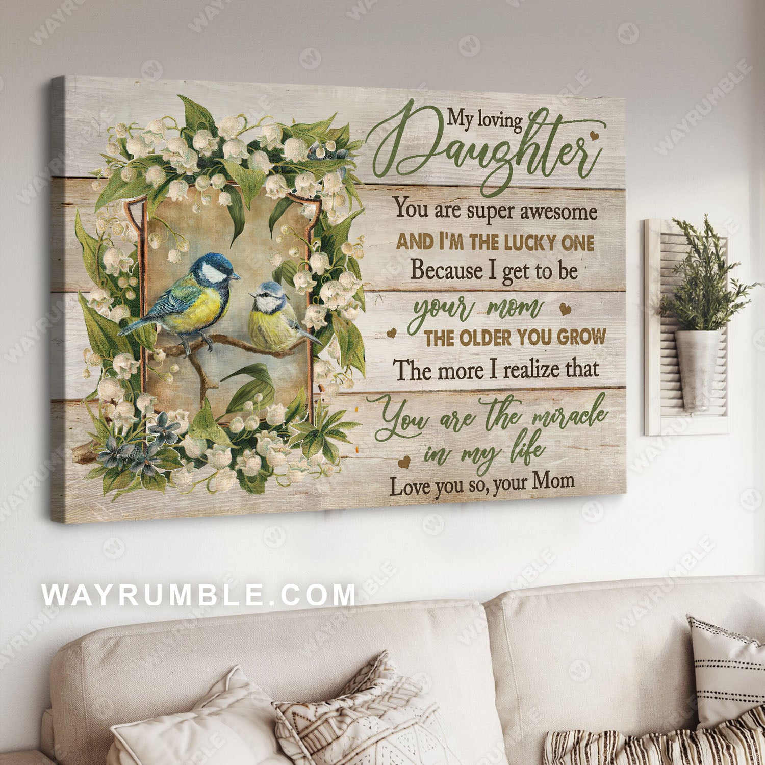 Mom to daughter, Blue Bird, Lily of the valley, Vintage window, You are the miracle in my life - Family Landscape Canvas Prints, Wall Art