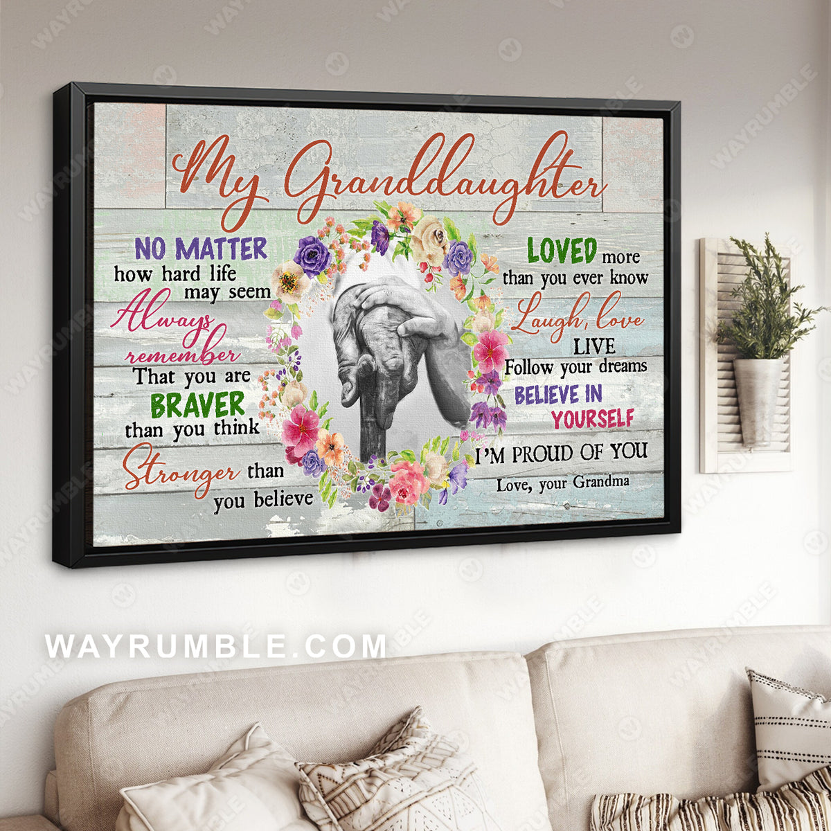 Grandma to granddaughter, Holding hand drawing, Black and white painting, Flower Wreath, I&#39;m proud of you - Family Landscape Canvas Prints, Wall Art