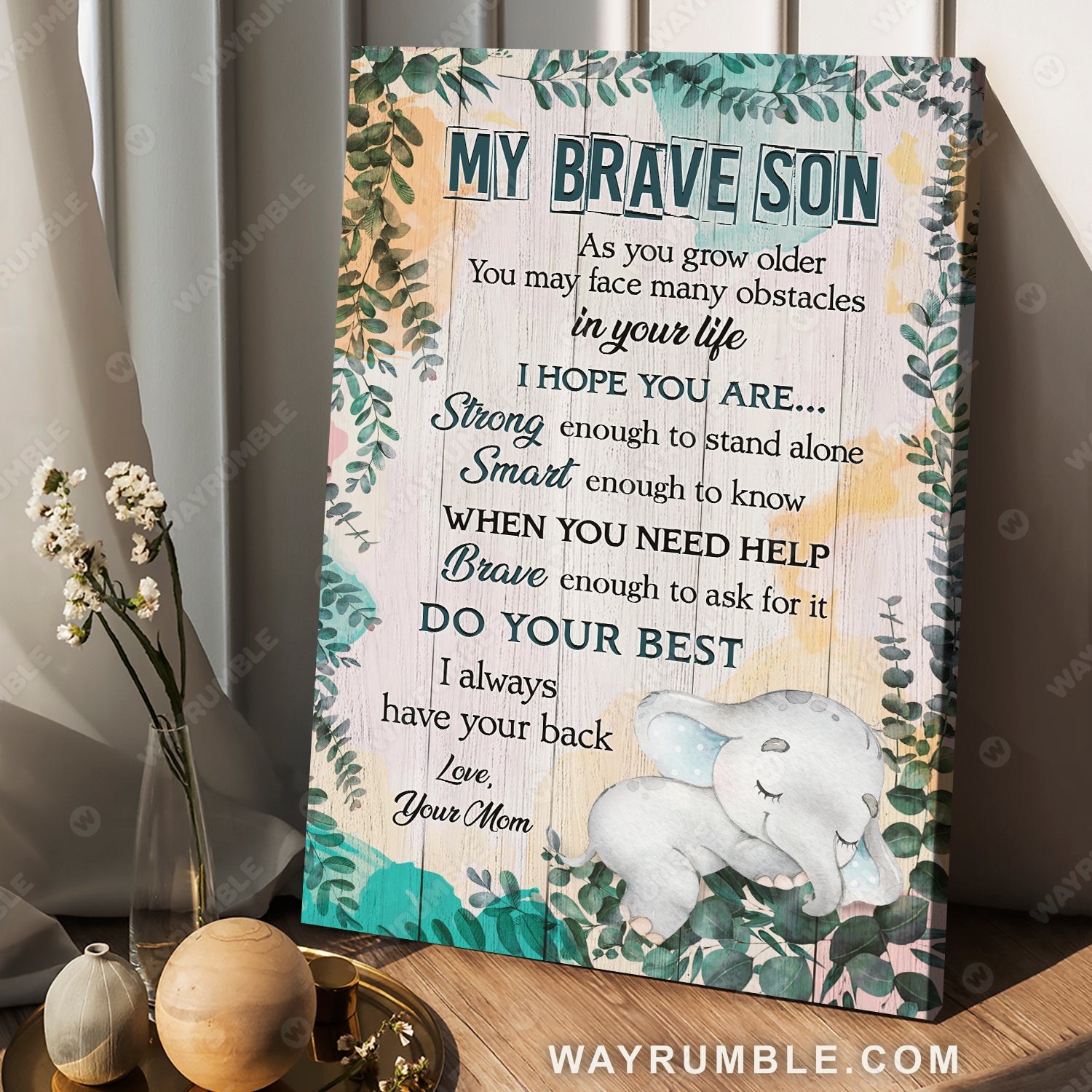 Mom to son, Elephant watercolor drawing, Sleeping cute elephant, I always have you back - Family Portrait Canvas Prints, Wall Art