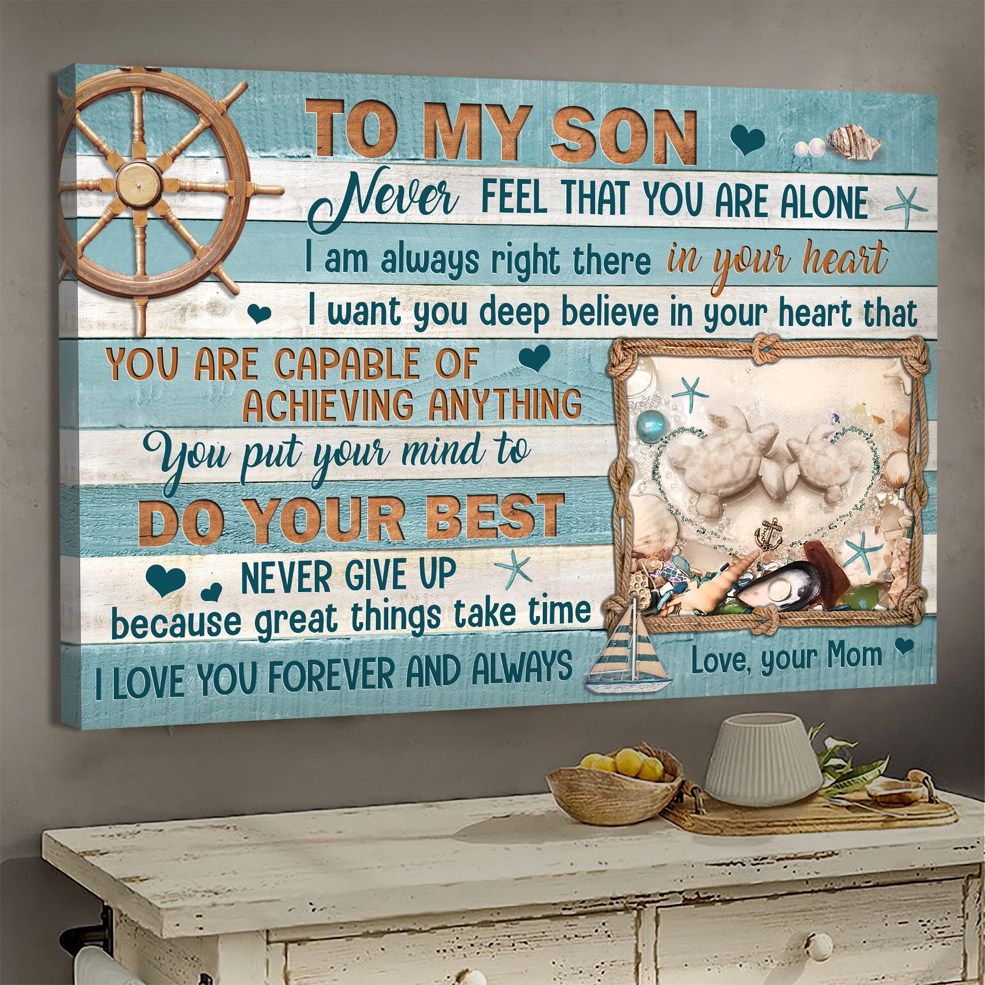 Mom to son, Sand turtle, Seashells, I'm always right there in your heart - Family Landscape Canvas Prints, Wall Art